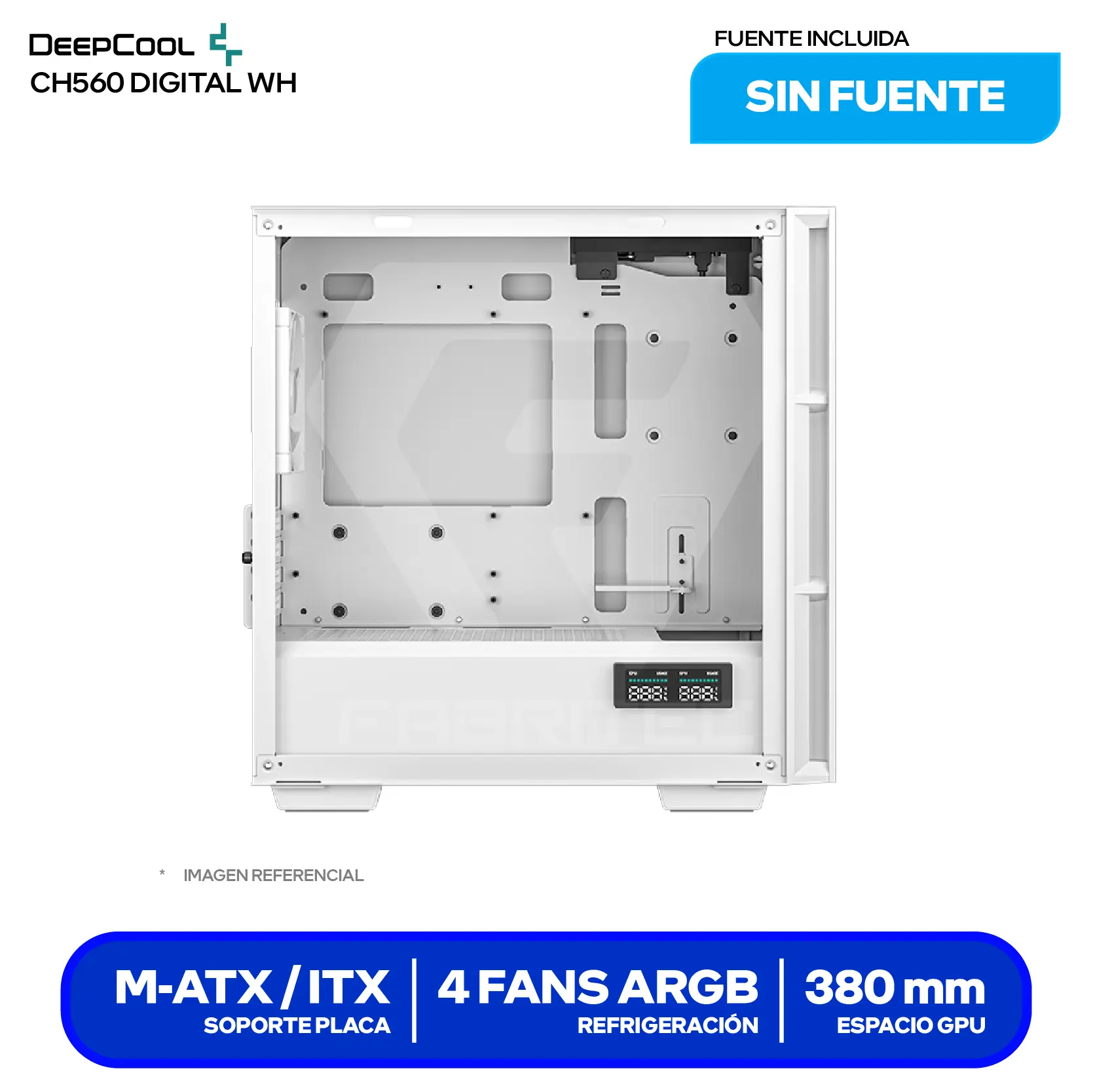 Case DeepCool CH560 Digital White (R-CH560-WHAPE4D-G-1) Sin fuente, Vidrio templado, 4 fans ARGB, Con pantalla digital