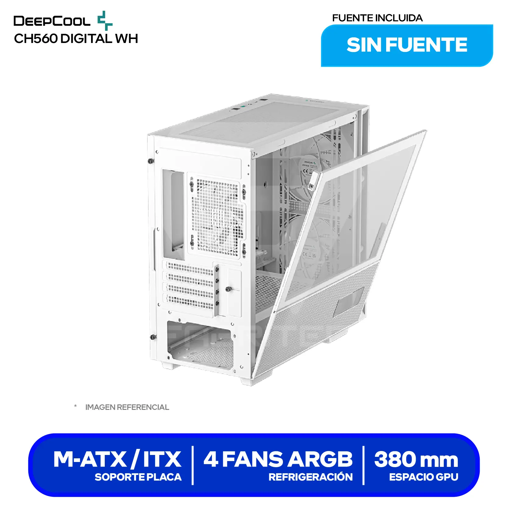 Case DeepCool CH560 Digital White (R-CH560-WHAPE4D-G-1) Sin fuente, Vidrio templado, 4 fans ARGB, Con pantalla digital