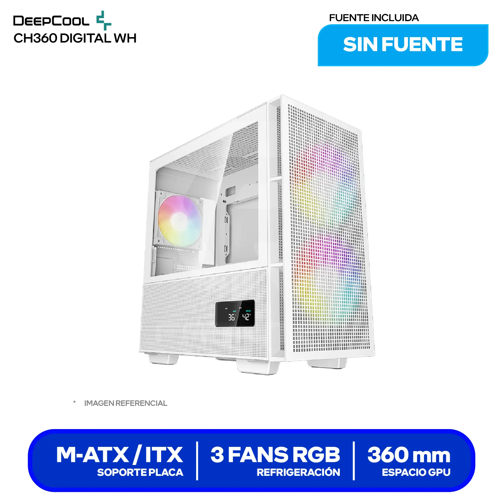 Case DeepCool CH360 Digital White (R-CH360-WHAPE3D-G-1) Sin fuente, Vidrio templado, 3 fans ARGB, Con pantalla digital