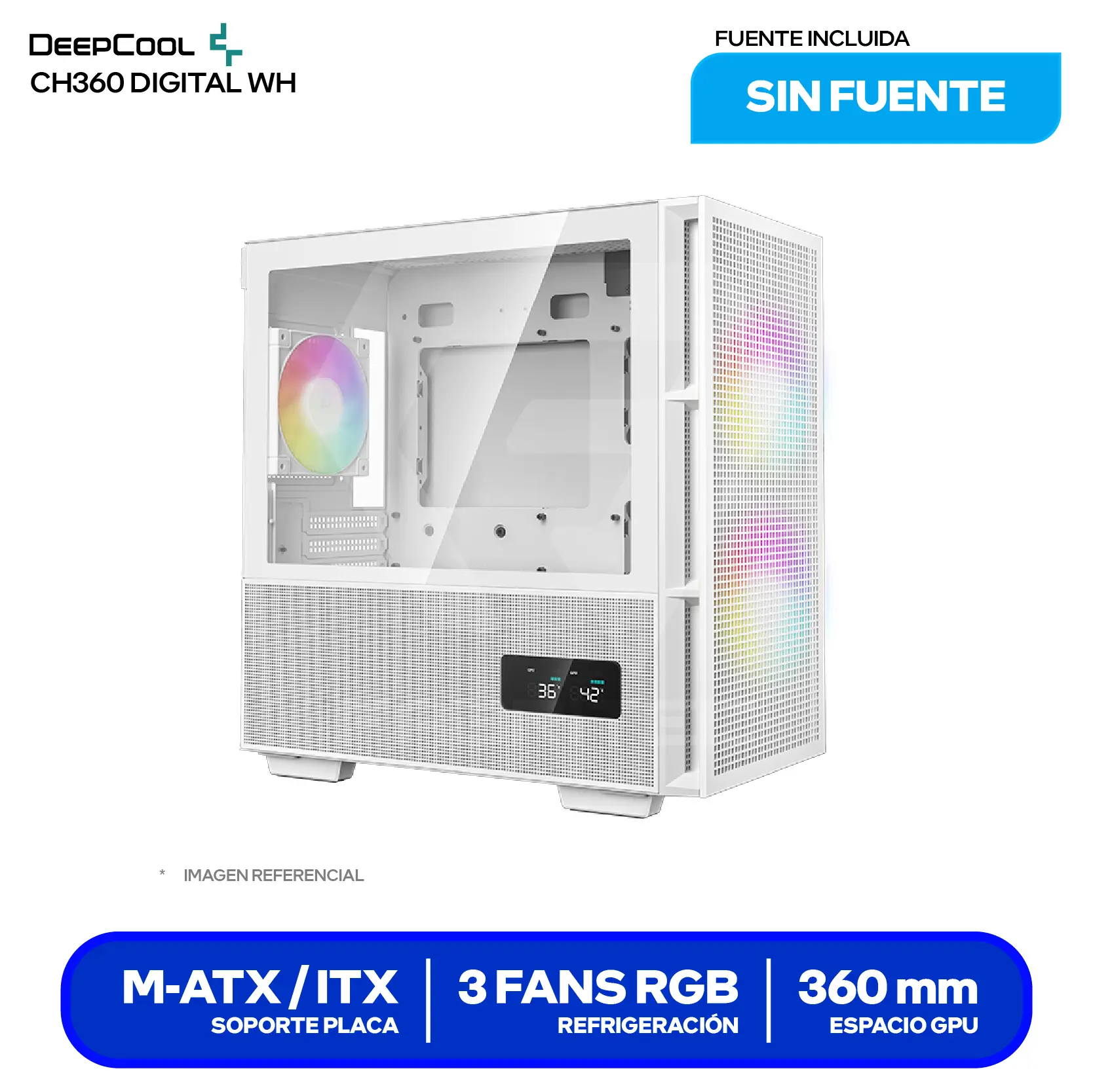 Case DeepCool CH360 Digital White (R-CH360-WHAPE3D-G-1) Sin fuente, Vidrio templado, 3 fans ARGB, Con pantalla digital