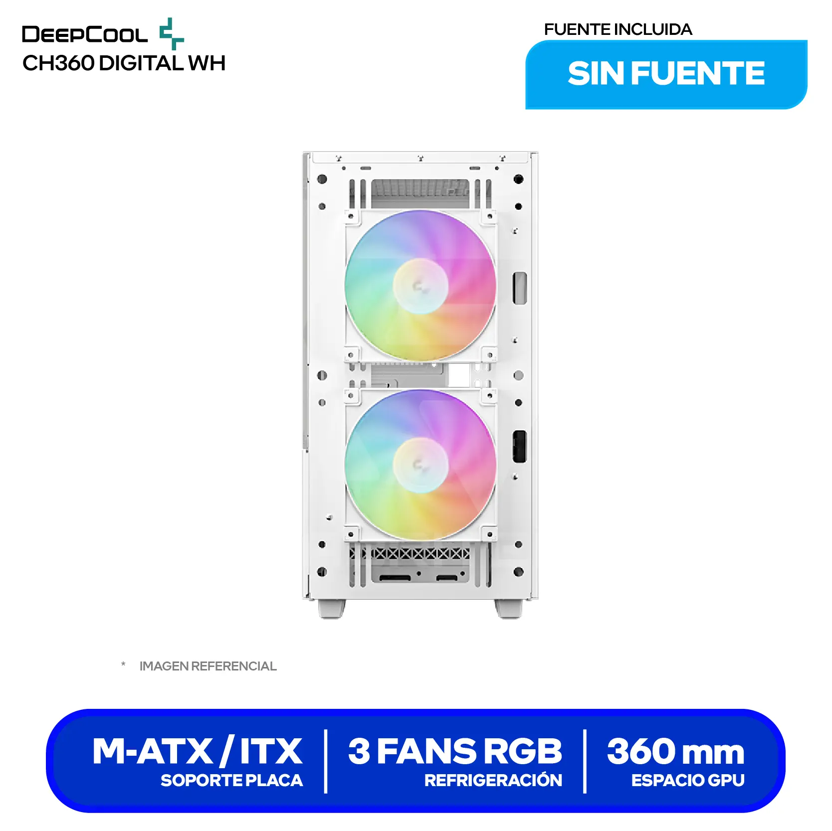 Case DeepCool CH360 Digital White (R-CH360-WHAPE3D-G-1) Sin fuente, Vidrio templado, 3 fans ARGB, Con pantalla digital