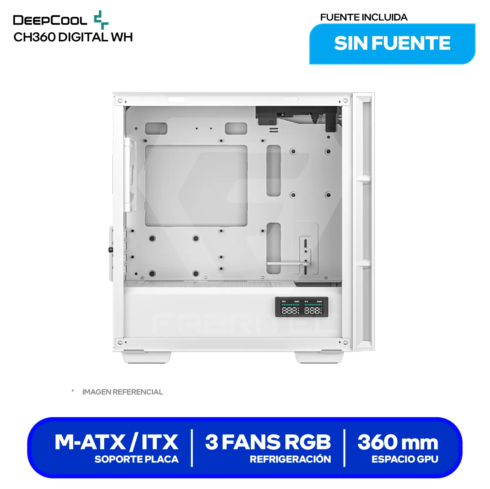 Case DeepCool CH360 Digital White (R-CH360-WHAPE3D-G-1) Sin fuente, Vidrio templado, 3 fans ARGB, Con pantalla digital