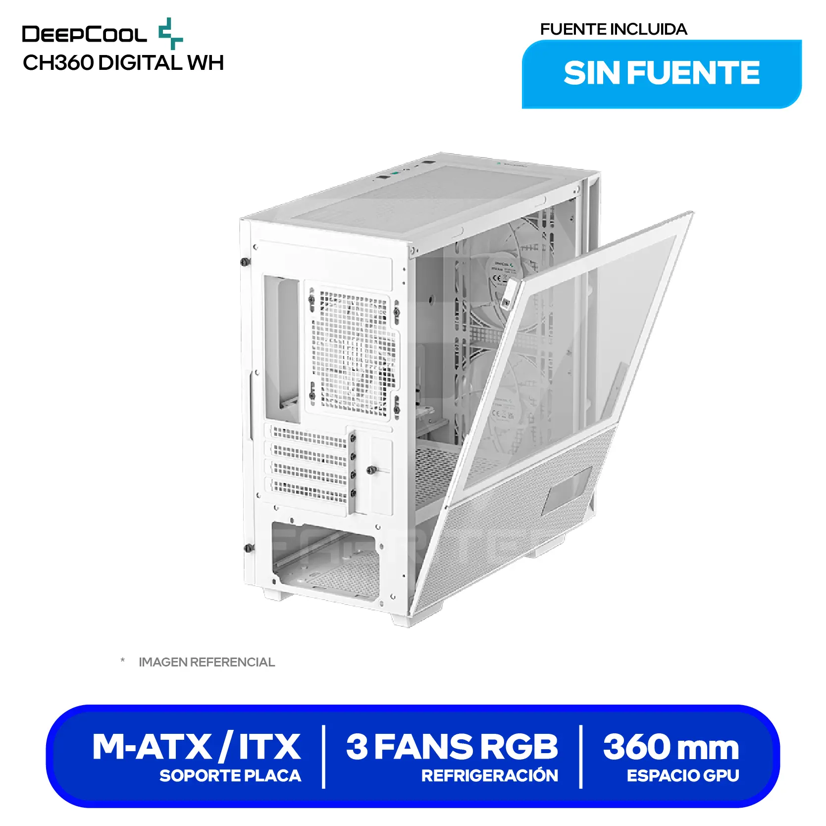 Case DeepCool CH360 Digital White (R-CH360-WHAPE3D-G-1) Sin fuente, Vidrio templado, 3 fans ARGB, Con pantalla digital