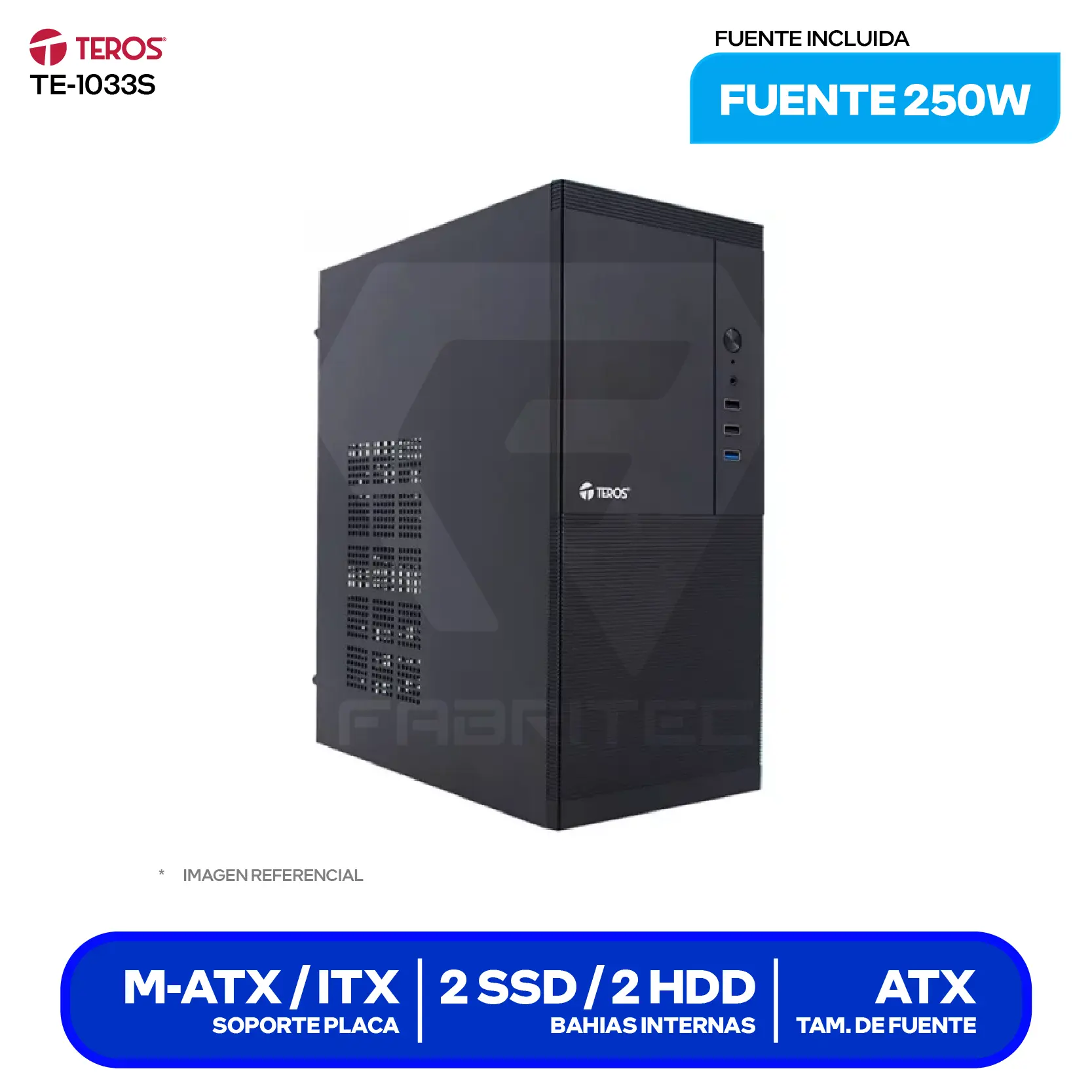 Case Teros TE-1033S (TE-1033S) Con fuente de 250W, Panel lateral de metal, 1 fan de 80 mm