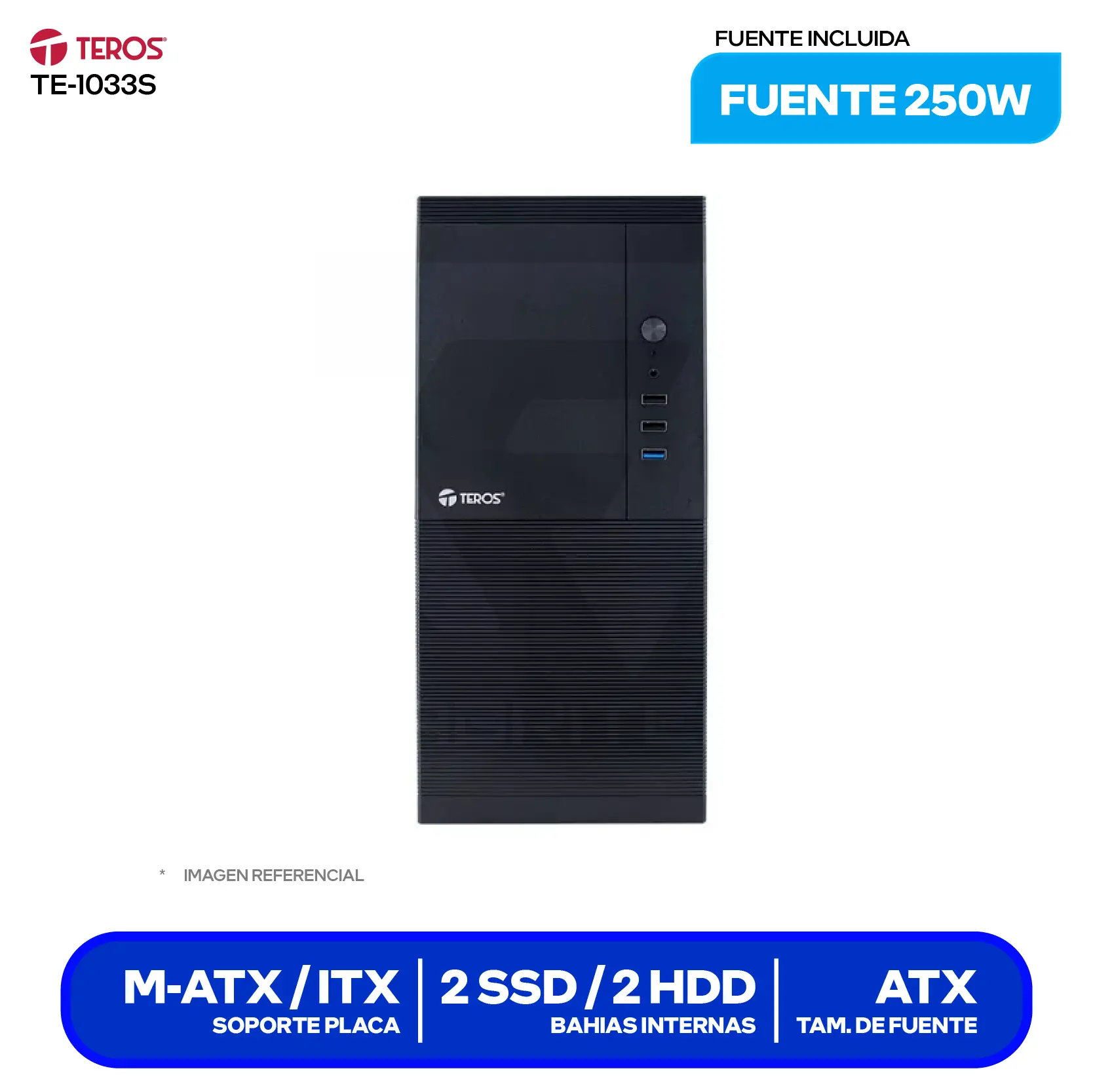 Case Teros TE-1033S (TE-1033S) Con fuente de 250W, Panel lateral de metal, 1 fan de 80 mm