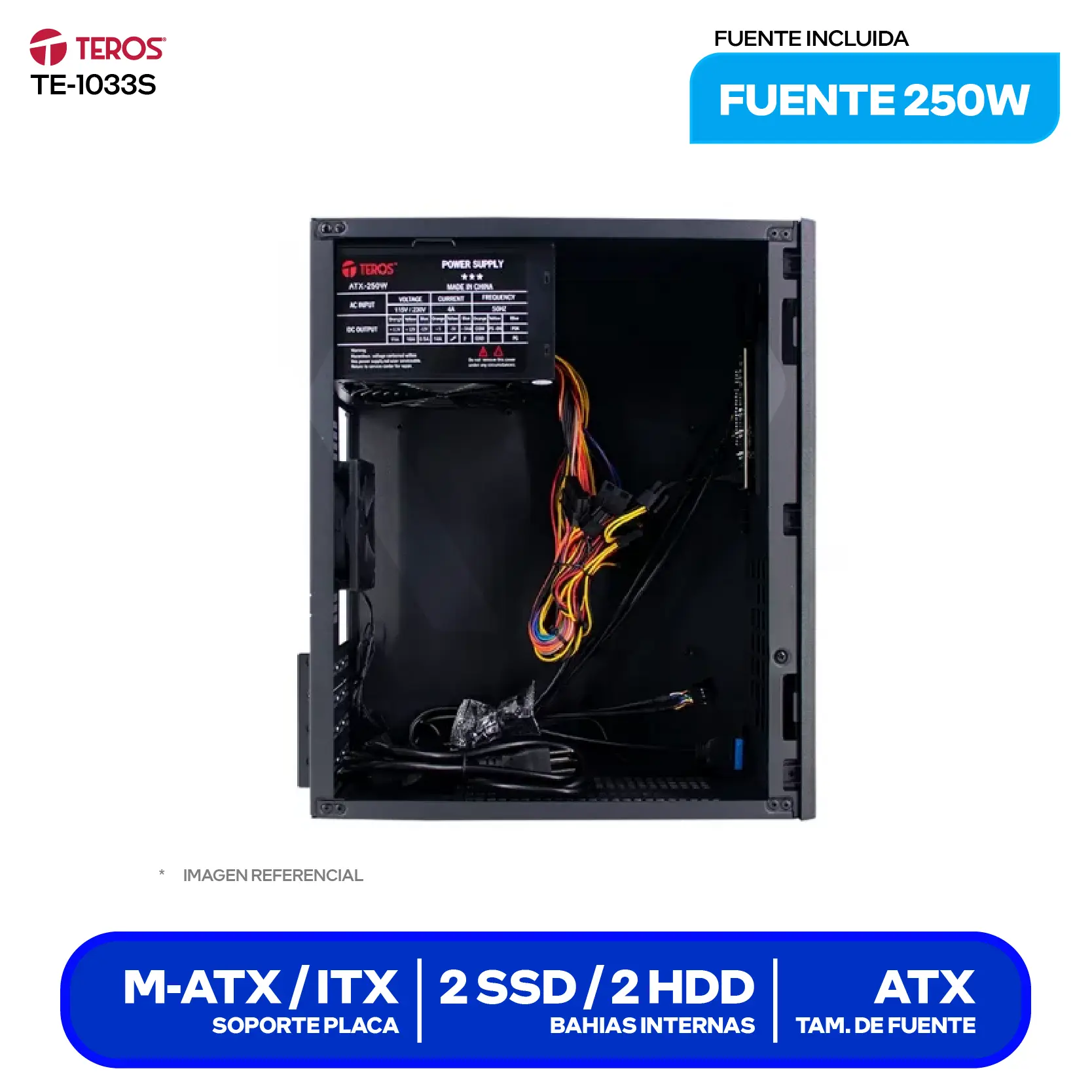 Case Teros TE-1033S (TE-1033S) Con fuente de 250W, Panel lateral de metal, 1 fan de 80 mm