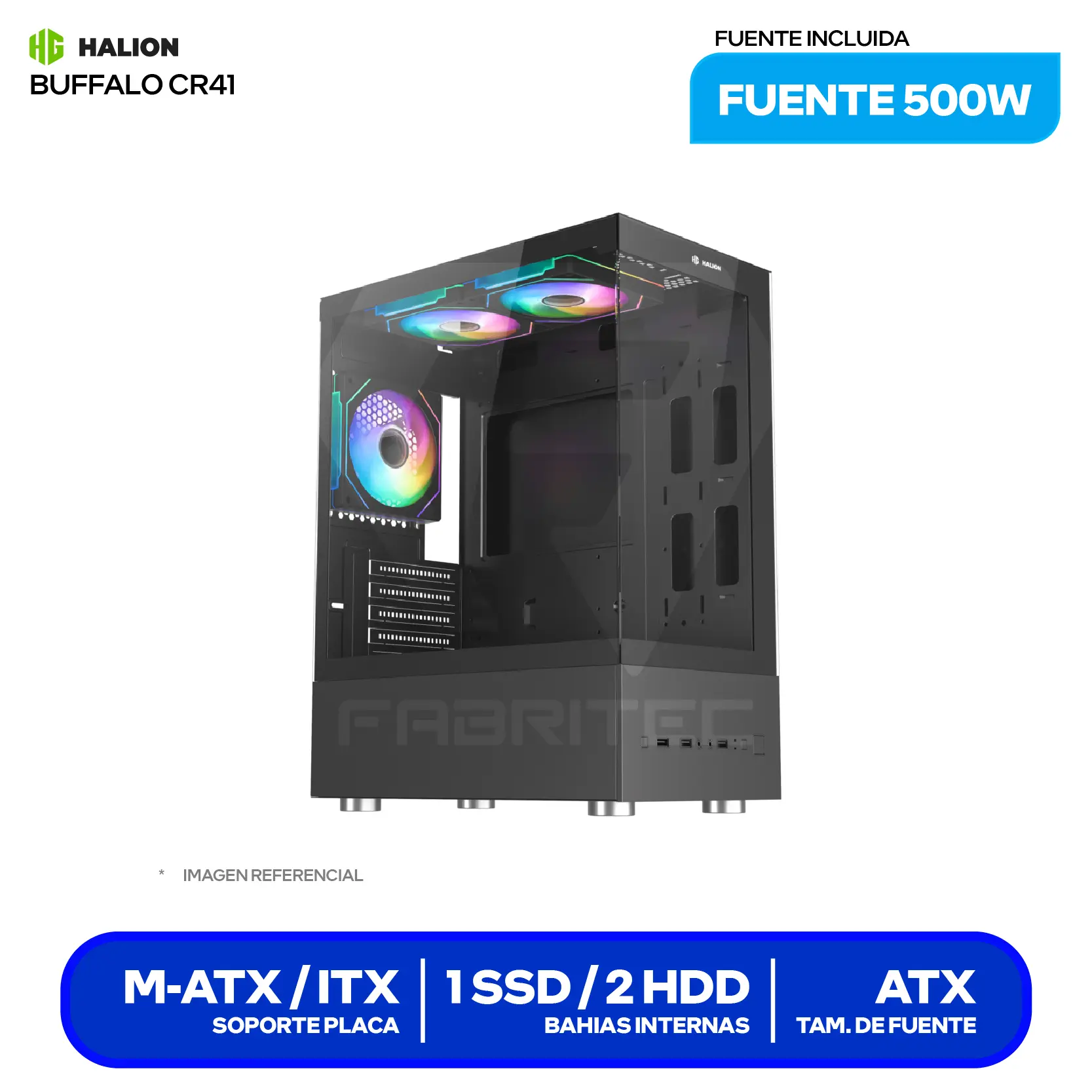 Case Halion Buffalo CR41 (Buffalo CR41) Con fuente de 500W, Vidrio templado, 3 fans ARGB