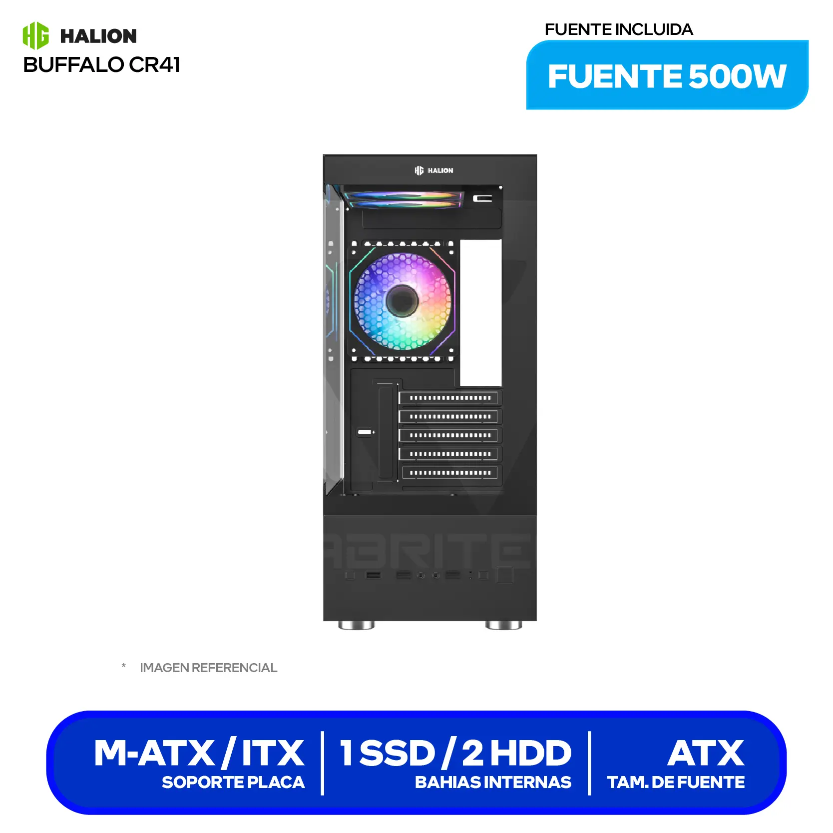 Case Halion Buffalo CR41 (Buffalo CR41) Con fuente de 500W, Vidrio templado, 3 fans ARGB