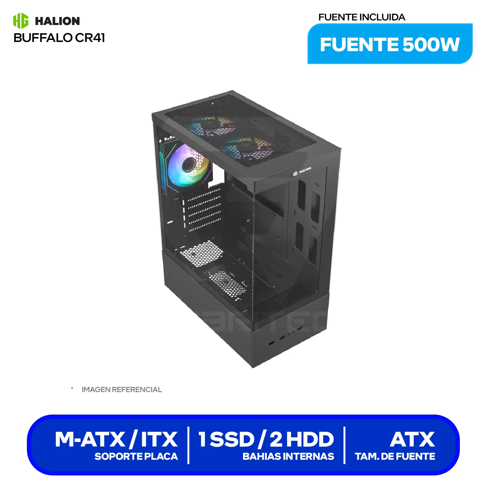 Case Halion Buffalo CR41 (Buffalo CR41) Con fuente de 500W, Vidrio templado, 3 fans ARGB