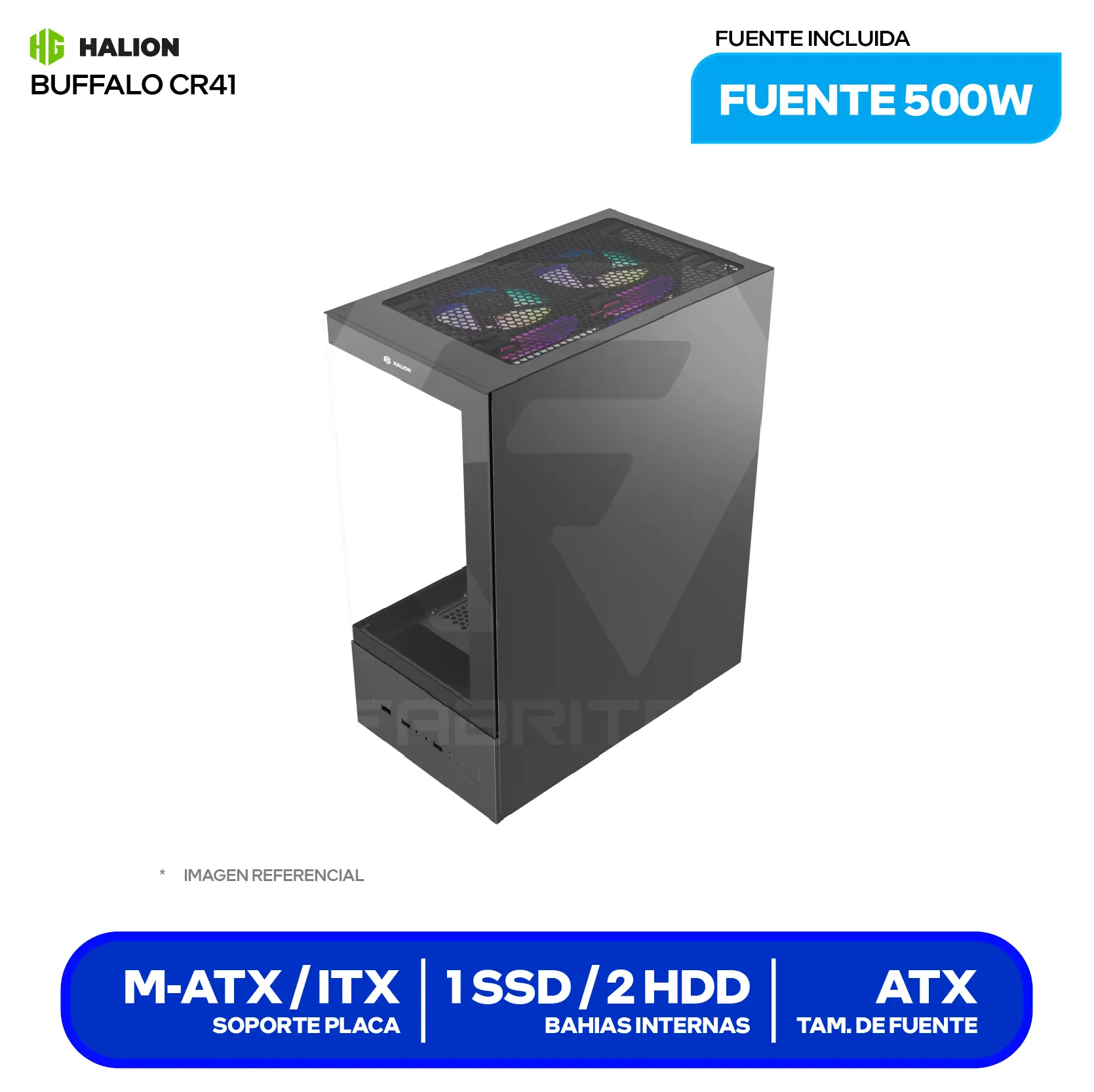 Case Halion Buffalo CR41 (Buffalo CR41) Con fuente de 500W, Vidrio templado, 3 fans ARGB