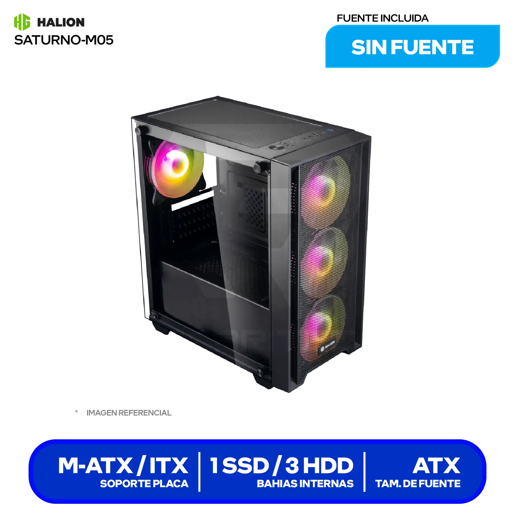 Case Halion Ragnarok 321 (Ragnarok 321) Con fuente de 550W, Vidrio templado, 4 fans ARGB