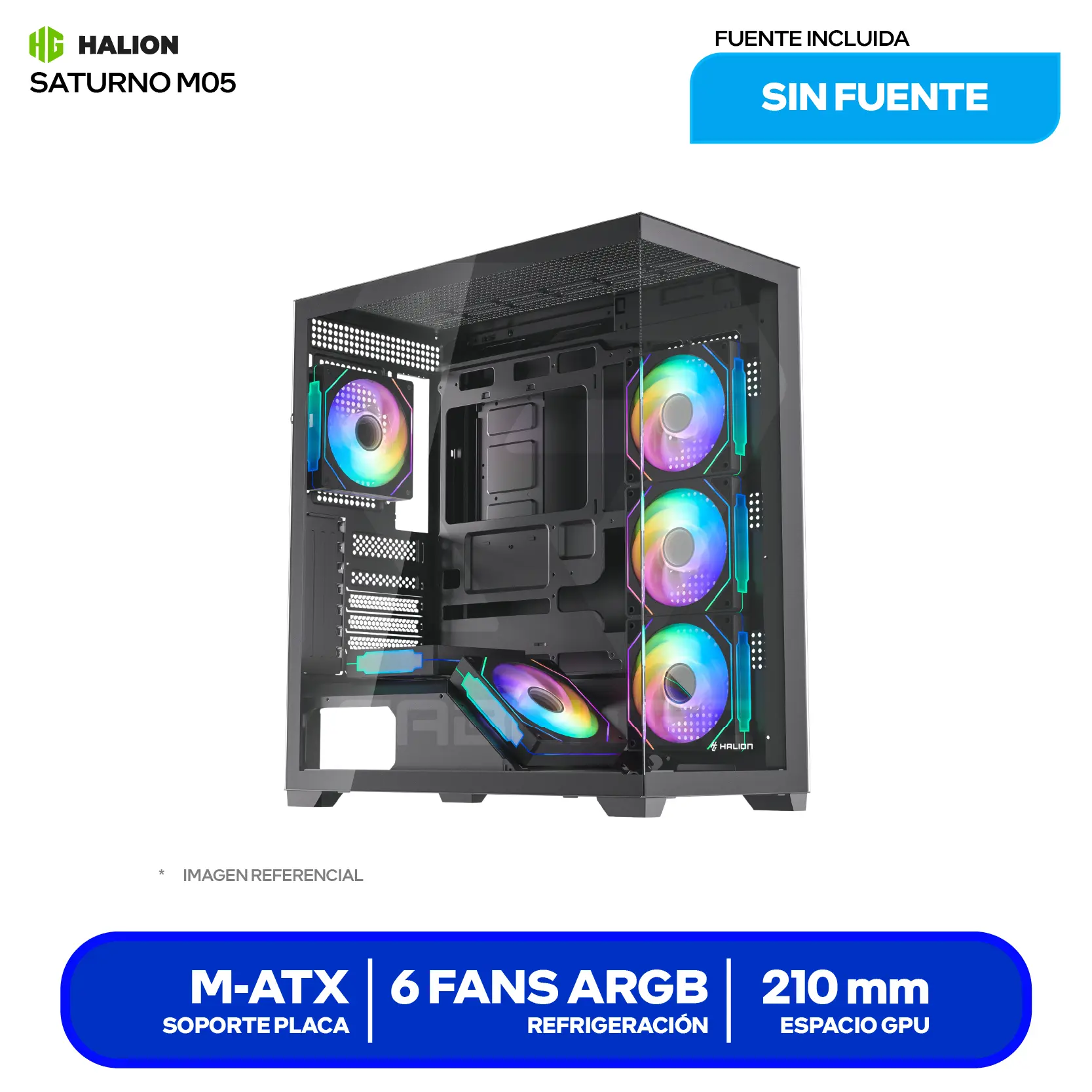 Case Halion Saturno M05 (Saturno M05) Sin fuente, Vidrio templado panorámico, 6 fans ARGB