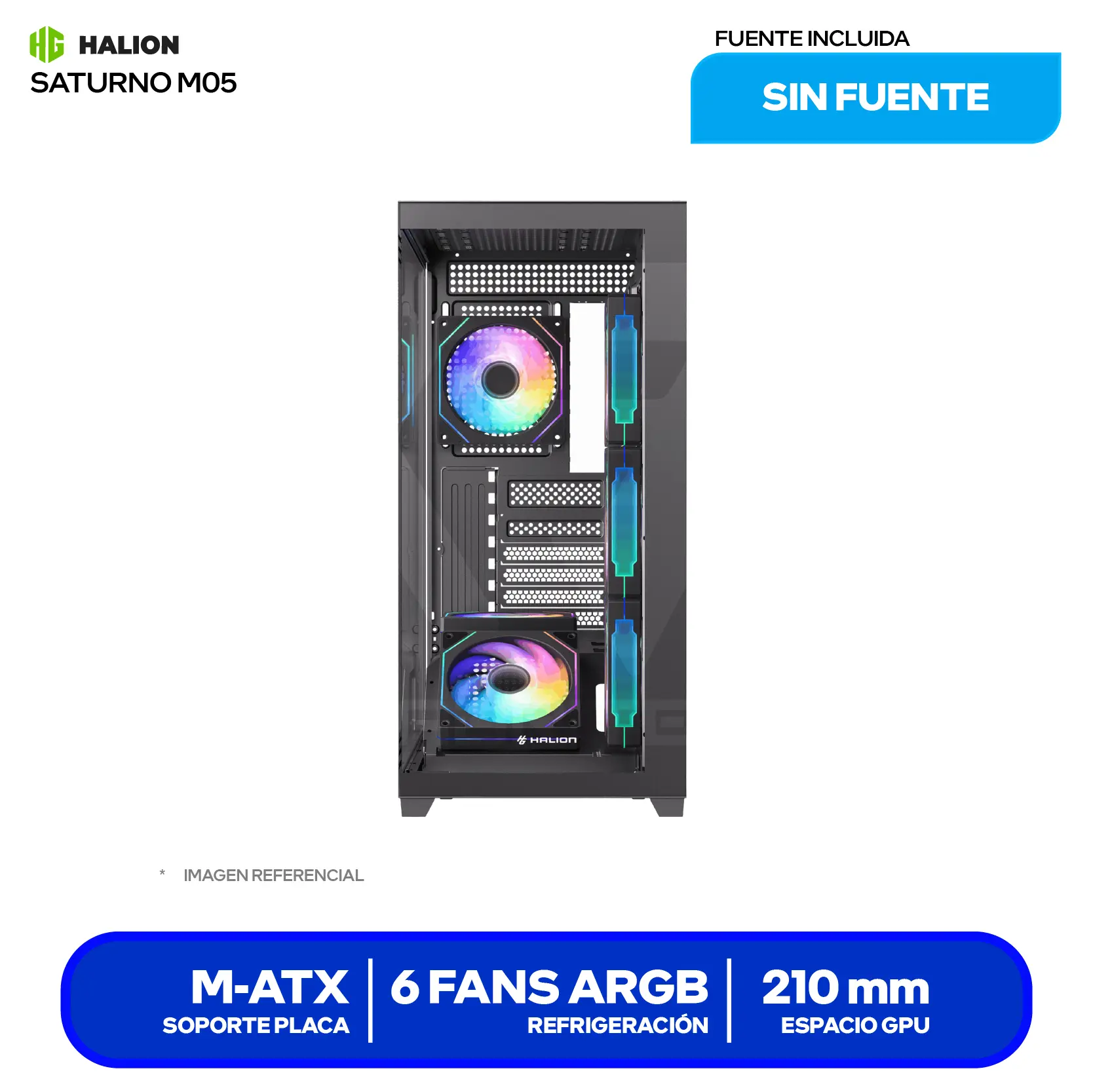 Case Halion Saturno M05 (Saturno M05) Sin fuente, Vidrio templado panorámico, 6 fans ARGB