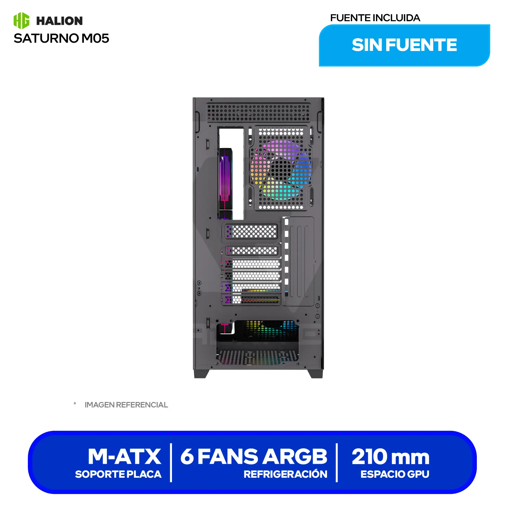 Case Halion Saturno M05 (Saturno M05) Sin fuente, Vidrio templado panorámico, 6 fans ARGB