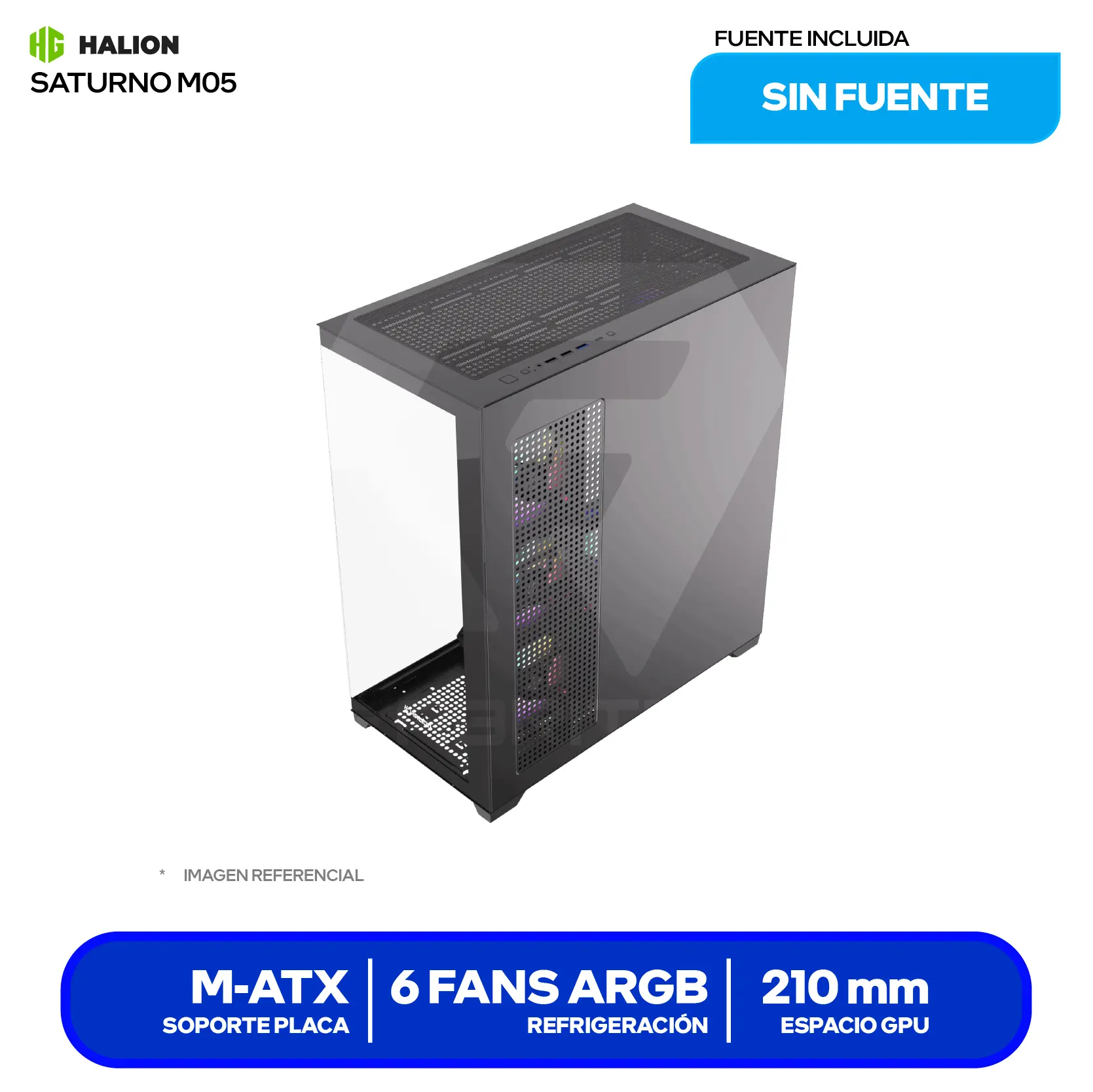 Case Halion Saturno M05 (Saturno M05) Sin fuente, Vidrio templado panorámico, 6 fans ARGB