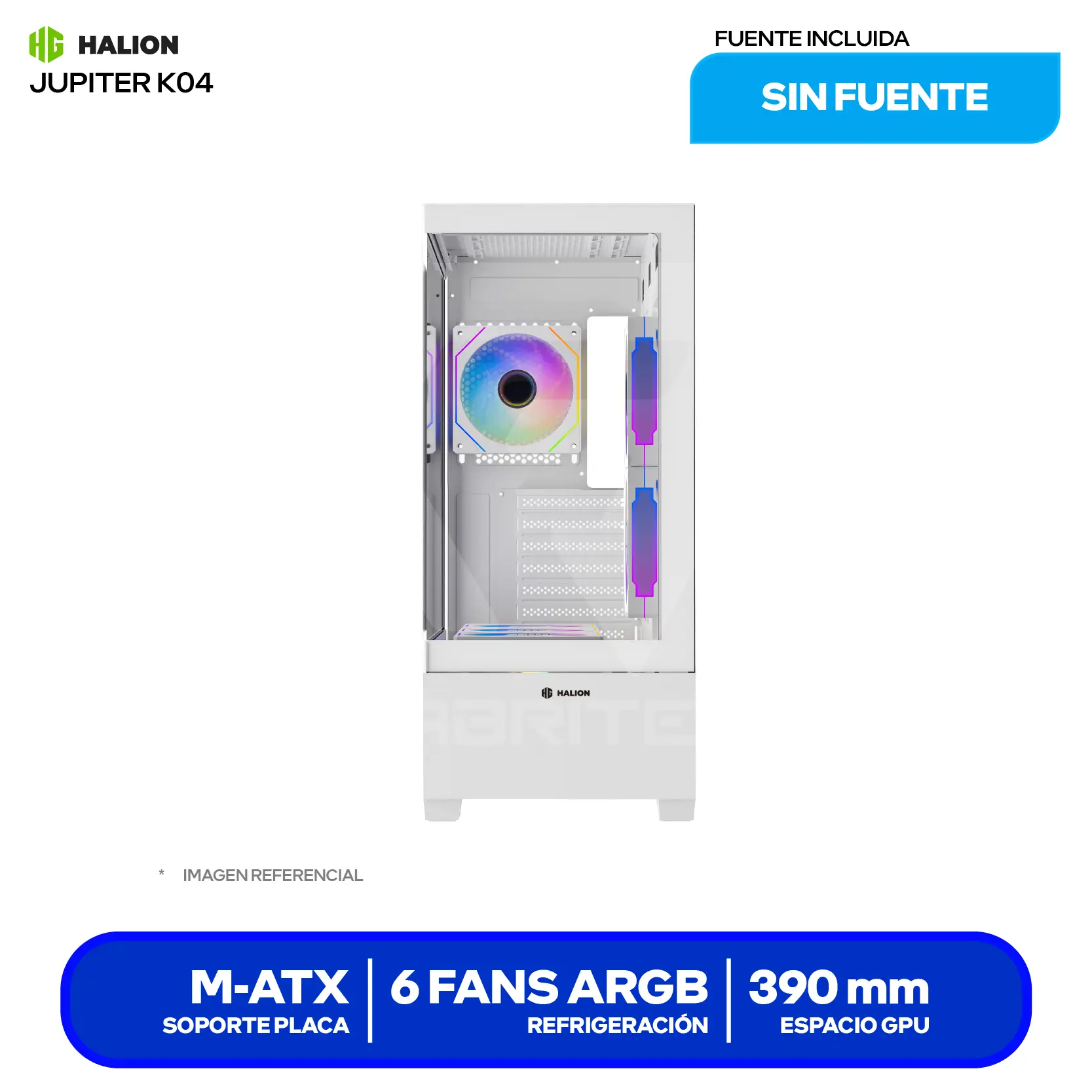 Case Halion Jupiter K04 (Jupiter K04) Sin fuente, Vidrio templado, 6 fans ARGB