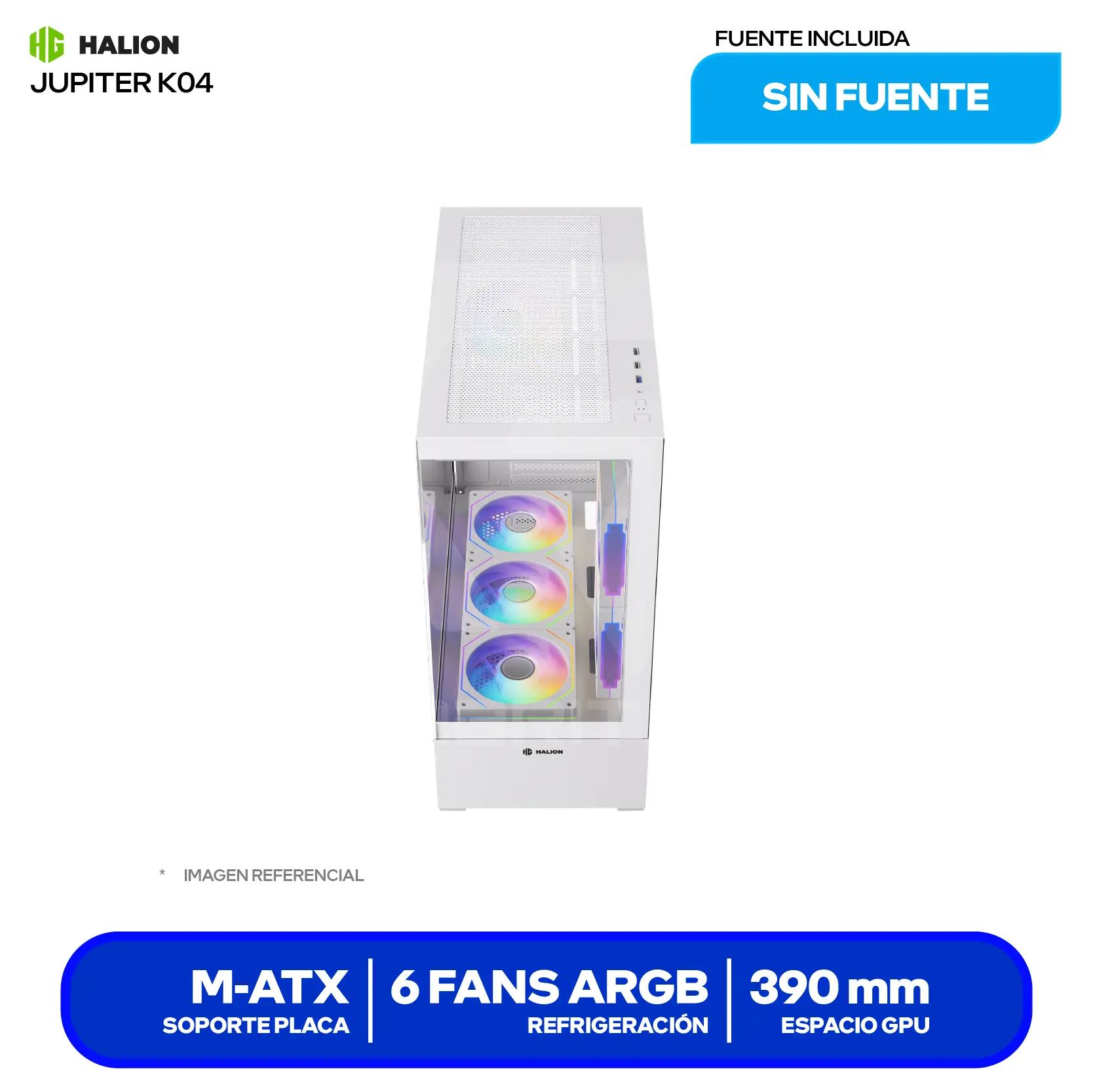 Case Halion Jupiter K04 (Jupiter K04) Sin fuente, Vidrio templado, 6 fans ARGB