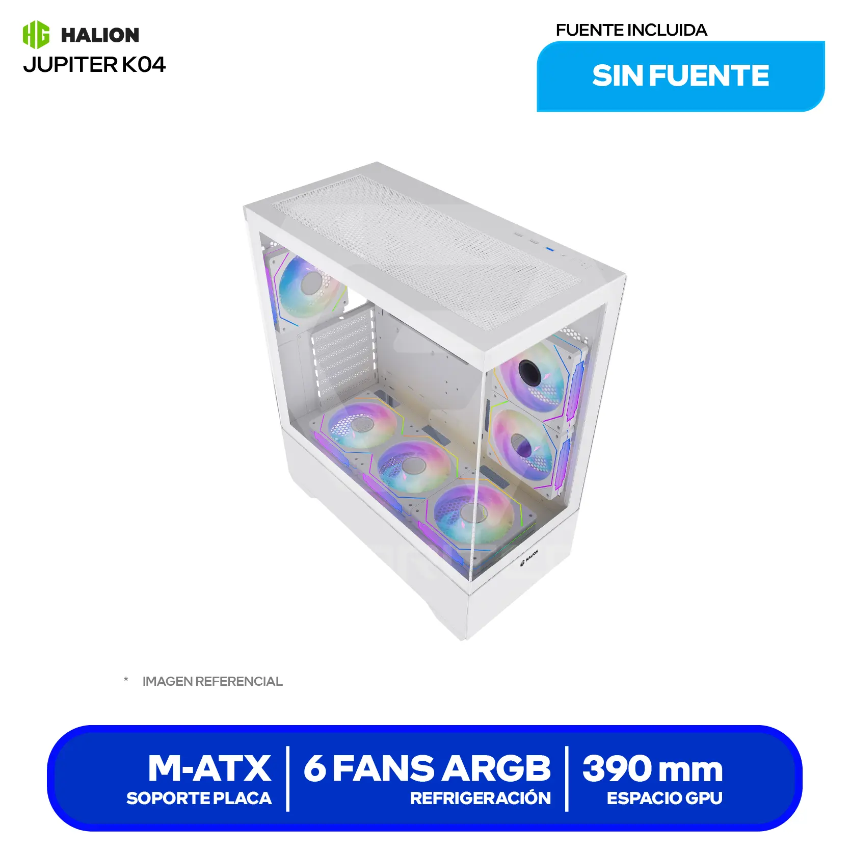 Case Halion Jupiter K04 (Jupiter K04) Sin fuente, Vidrio templado, 6 fans ARGB