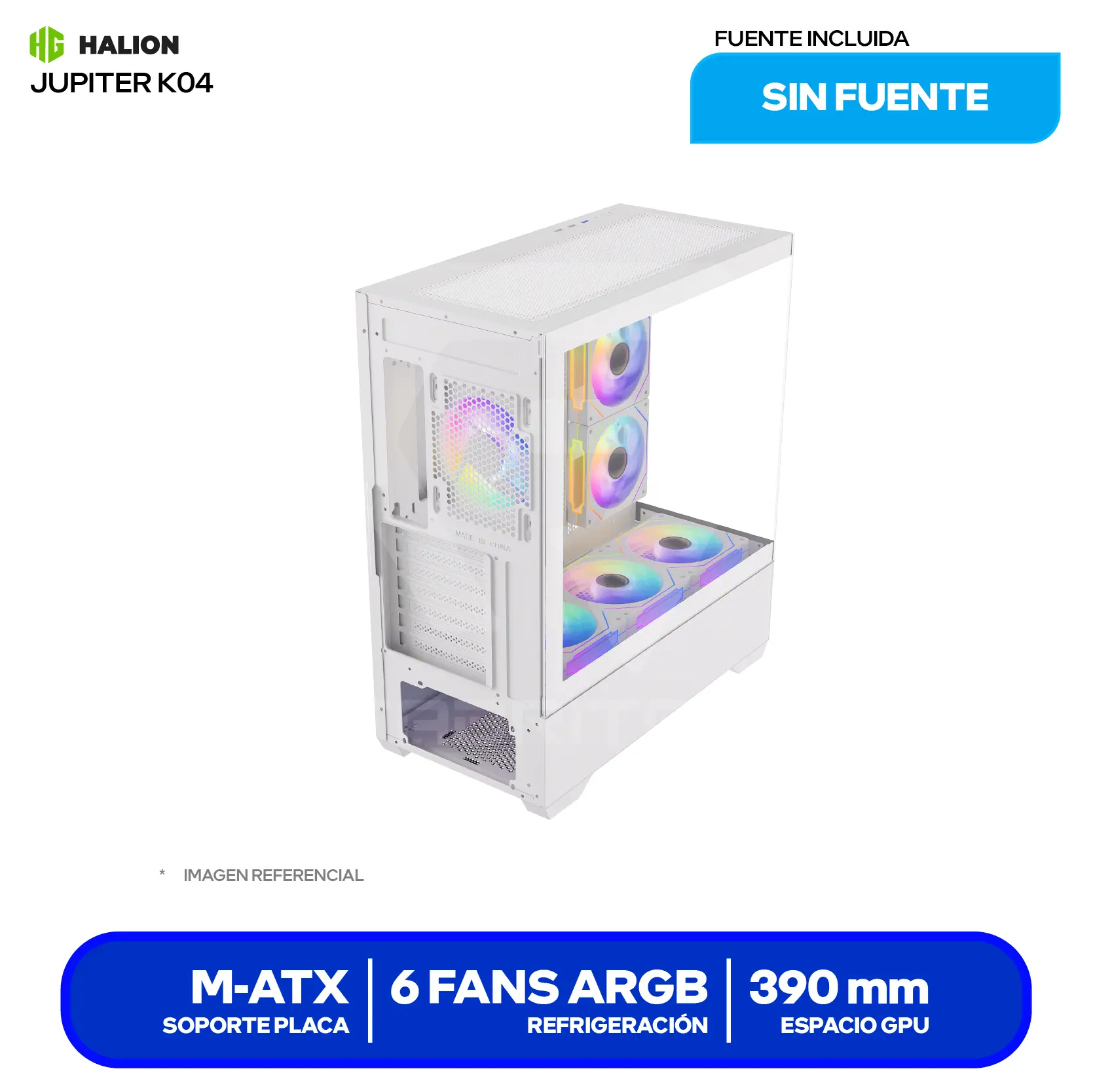Case Halion Jupiter K04 (Jupiter K04) Sin fuente, Vidrio templado, 6 fans ARGB