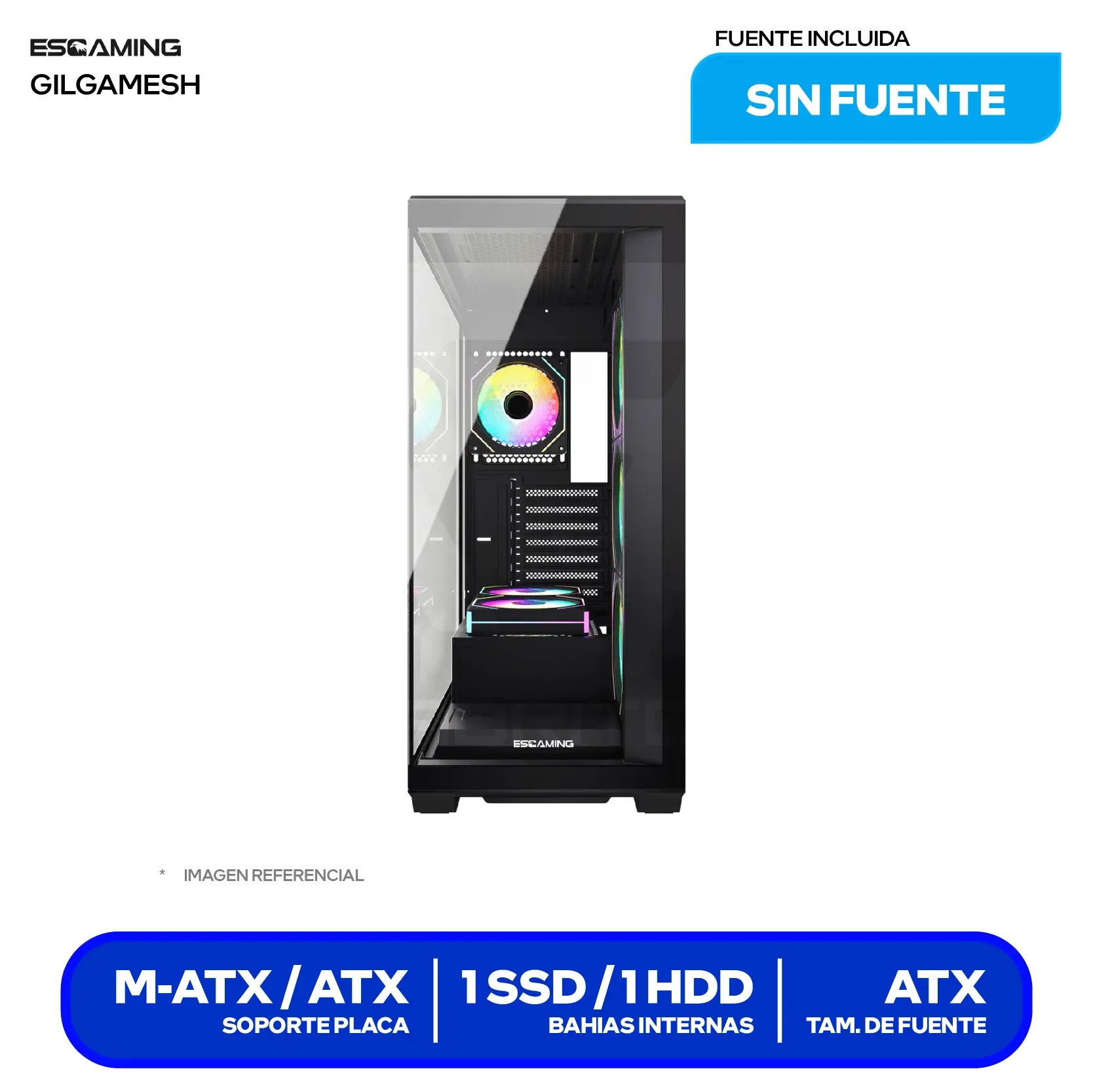 Case Esgaming Gilgamesh (Gilgamesh) Sin fuente, Vidrio templado panorámico, 6 fans ARGB