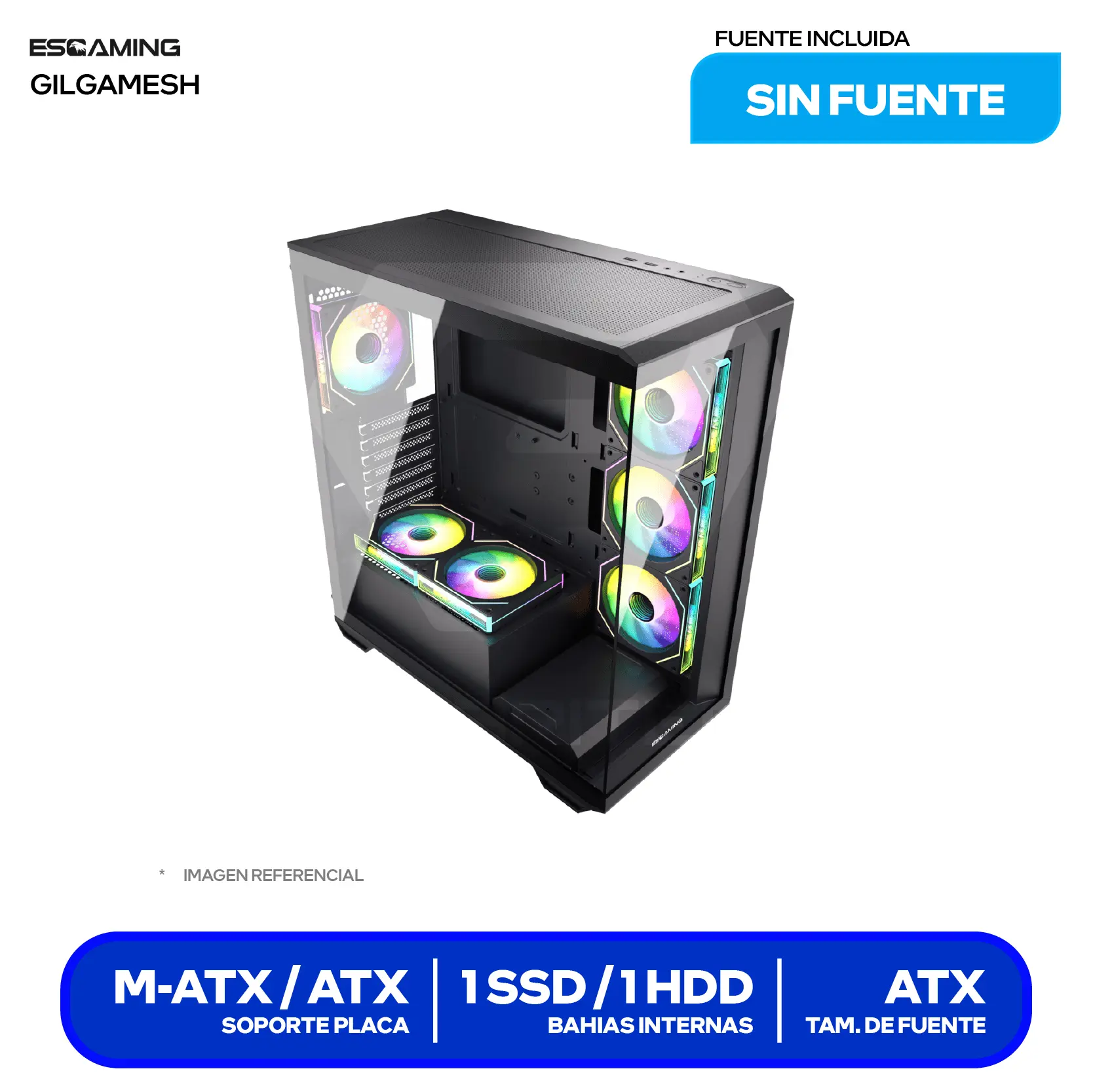 Case Esgaming Gilgamesh (Gilgamesh) Sin fuente, Vidrio templado panorámico, 6 fans ARGB