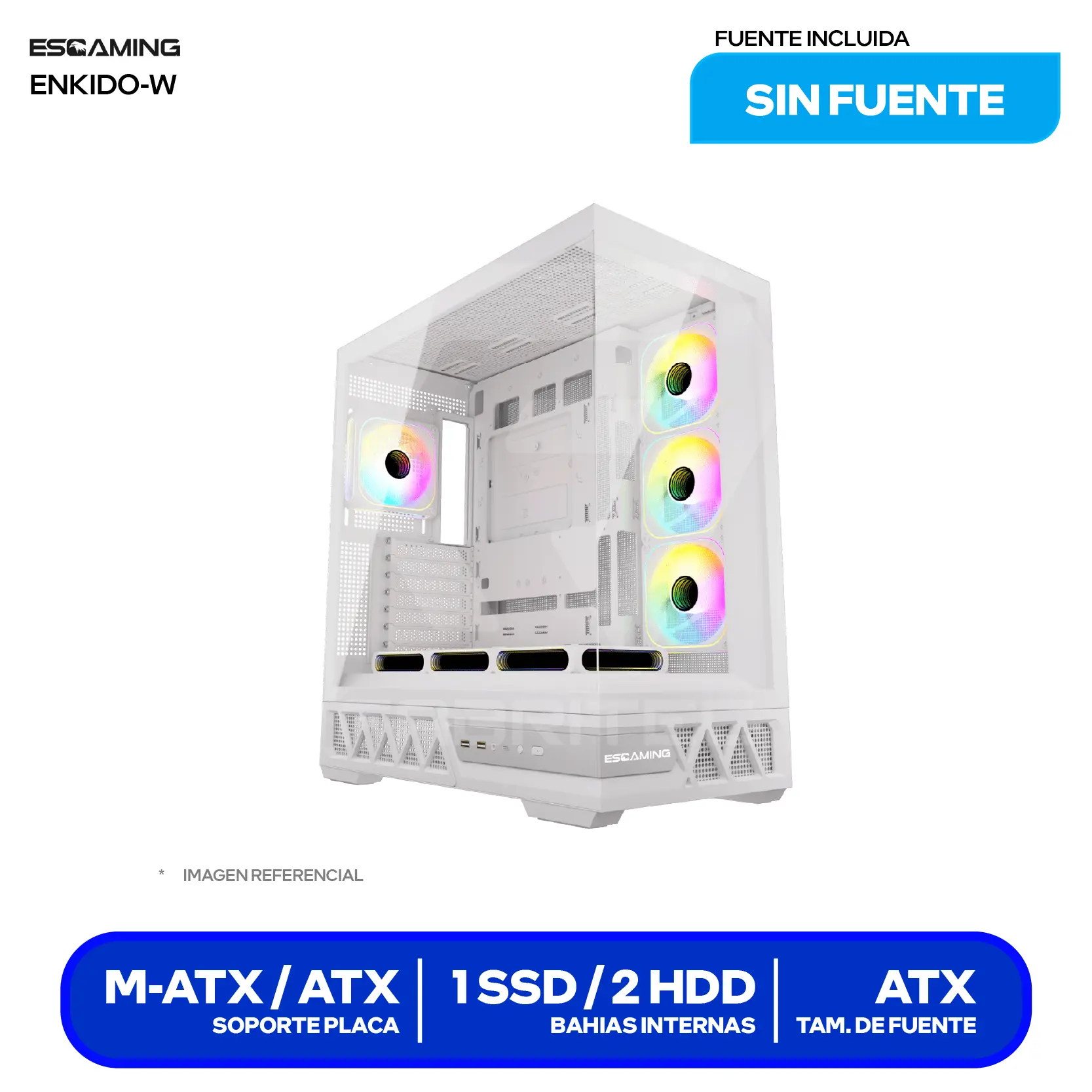 Case Esgaming Enkido White (Enkido White) Sin fuente, Vidrio templado panorámico, 7 fans ARGB