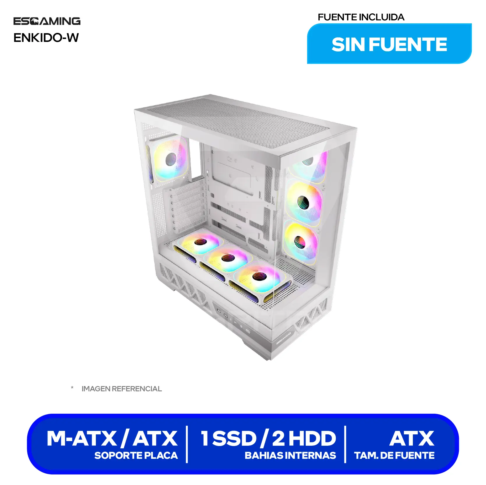 Case Esgaming Enkido White (Enkido White) Sin fuente, Vidrio templado panorámico, 7 fans ARGB
