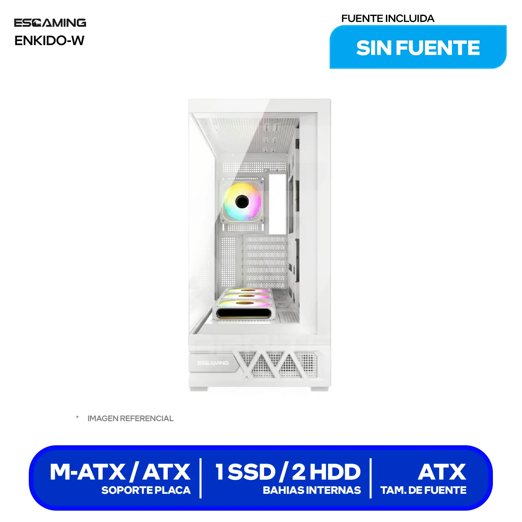 Case Esgaming Enkido White (Enkido White) Sin fuente, Vidrio templado panorámico, 7 fans ARGB