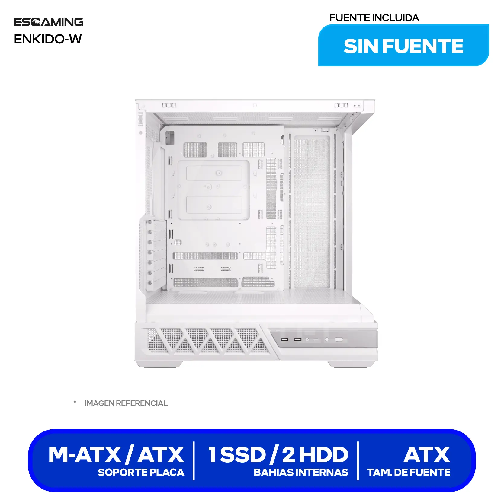 Case Esgaming Enkido White (Enkido White) Sin fuente, Vidrio templado panorámico, 7 fans ARGB