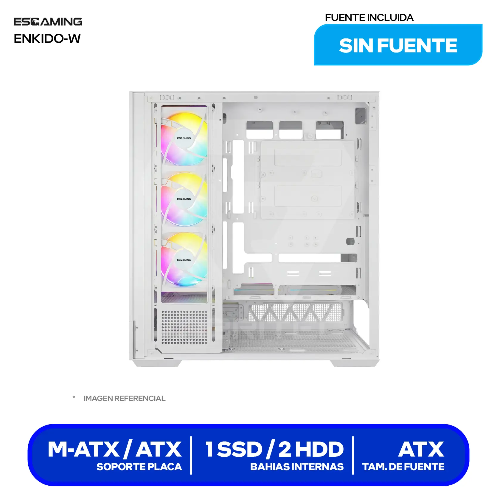 Case Esgaming Enkido White (Enkido White) Sin fuente, Vidrio templado panorámico, 7 fans ARGB