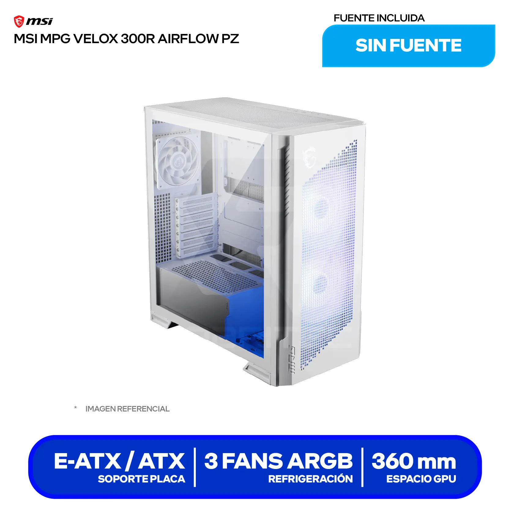 Case MSI MPG Velox 300R Airflow PZ White (MPG VELOX 300R AIRFLOW PZ WHITE) Sin fuente, Vidrio templado, 3 fans (2 ARGB de 160mm + 1 trasero)