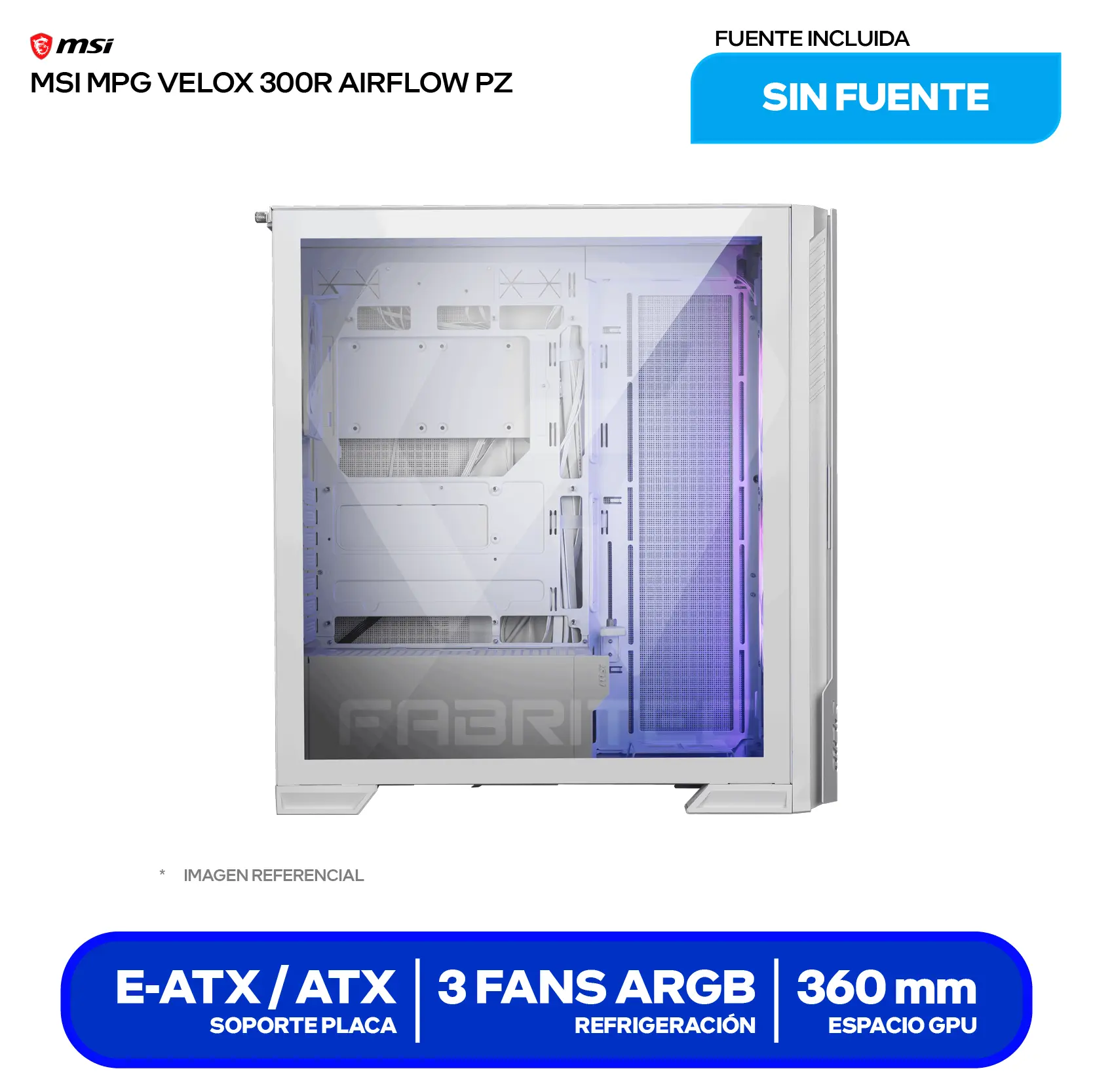 Case MSI MPG Velox 300R Airflow PZ White (MPG VELOX 300R AIRFLOW PZ WHITE) Sin fuente, Vidrio templado, 3 fans (2 ARGB de 160mm + 1 trasero)