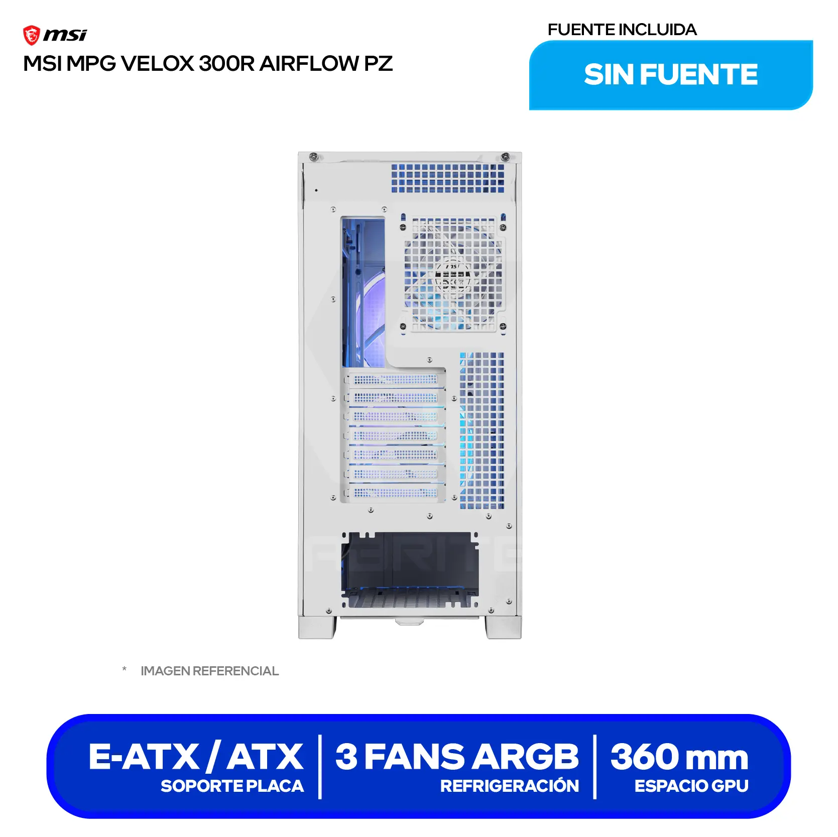 Case MSI MPG Velox 300R Airflow PZ White (MPG VELOX 300R AIRFLOW PZ WHITE) Sin fuente, Vidrio templado, 3 fans (2 ARGB de 160mm + 1 trasero)