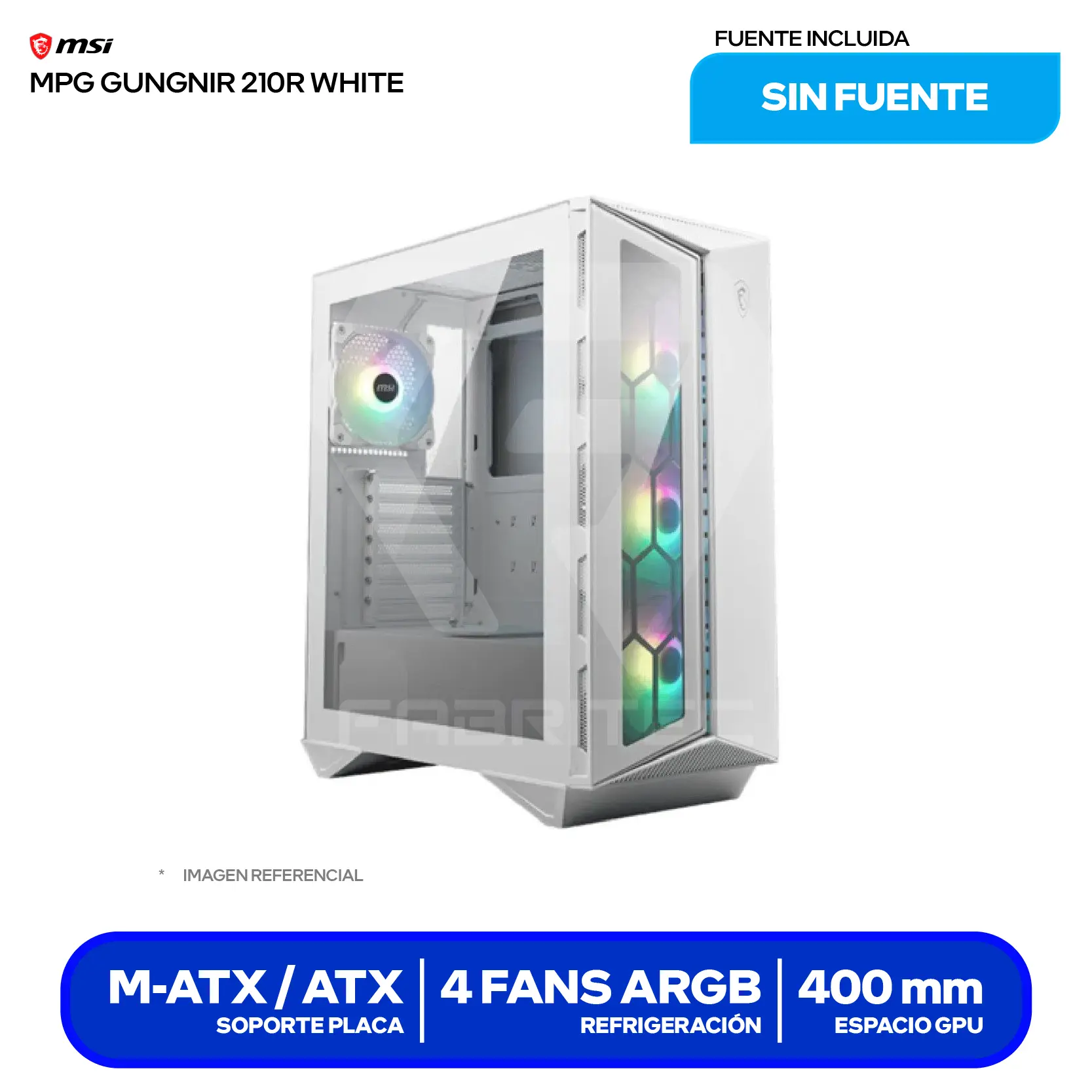 Case MSI MPG Gungnir 210R White (GUNGNIR 210R WHITE) Sin fuente, Vidrio templado, 4 fans ARGB