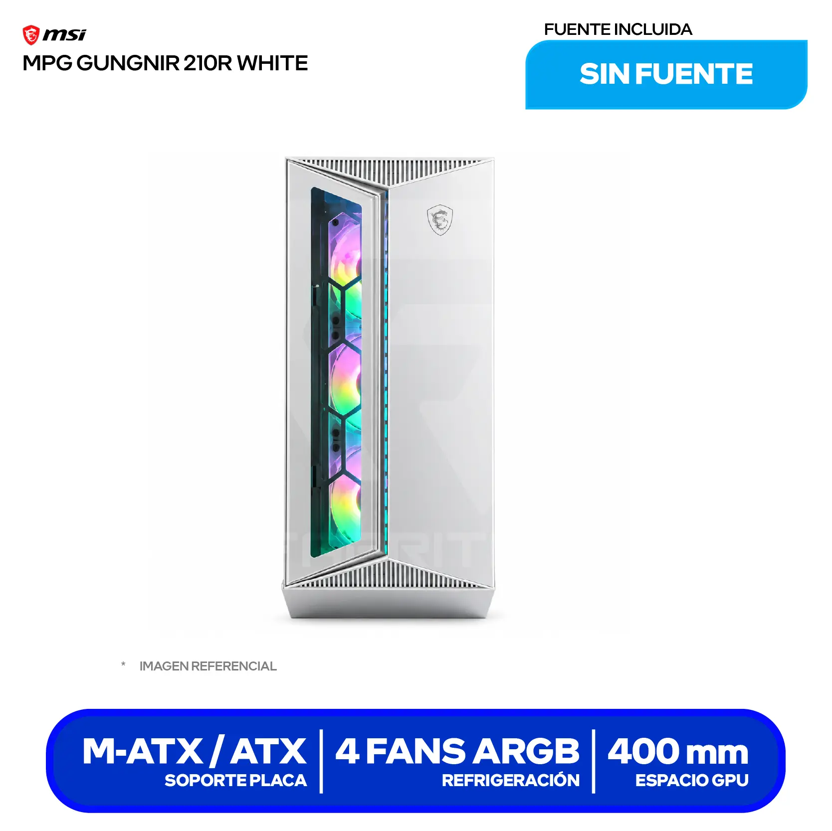 Case MSI MPG Gungnir 210R White (GUNGNIR 210R WHITE) Sin fuente, Vidrio templado, 4 fans ARGB