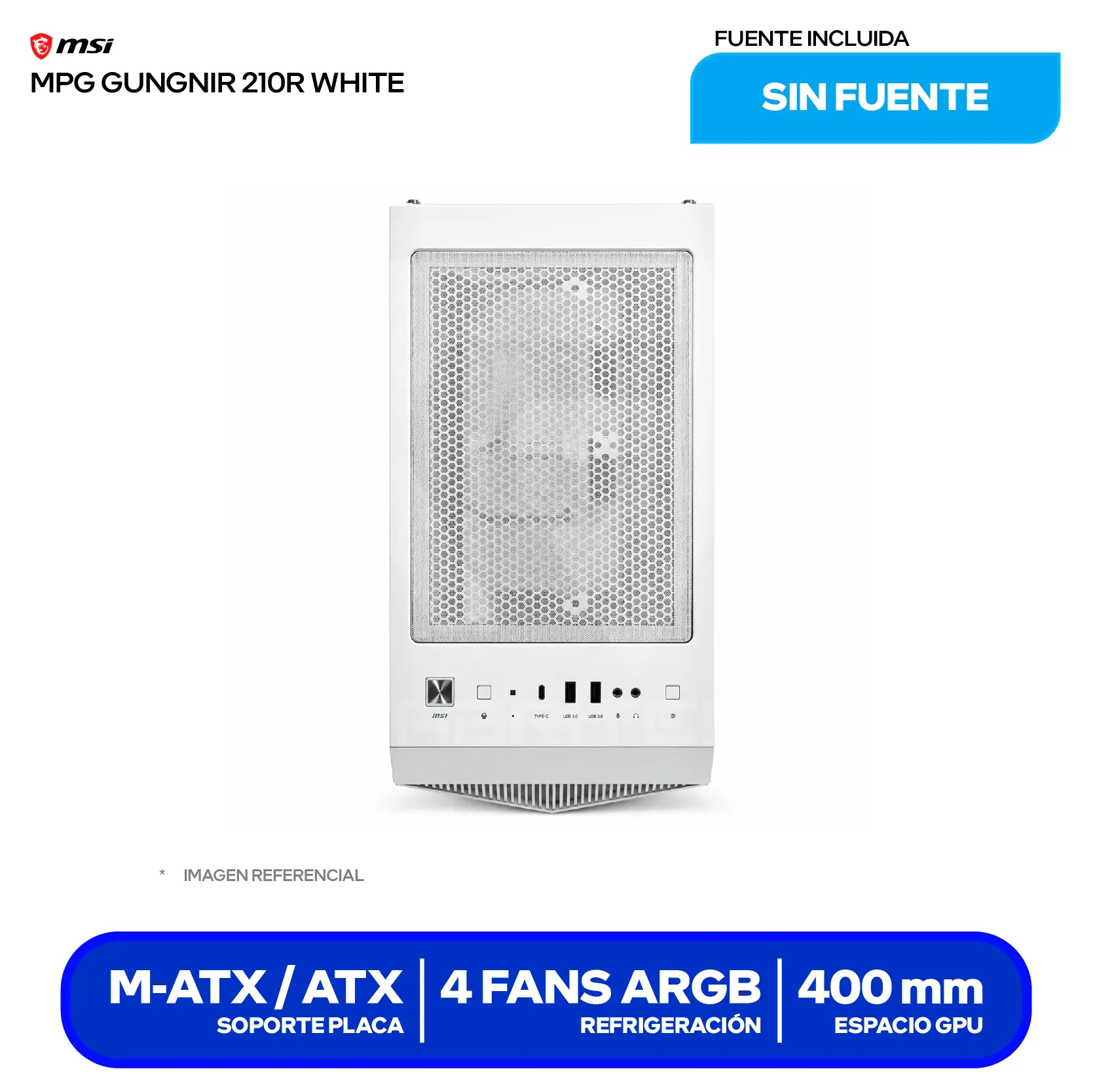 Case MSI MPG Gungnir 210R White (GUNGNIR 210R WHITE) Sin fuente, Vidrio templado, 4 fans ARGB