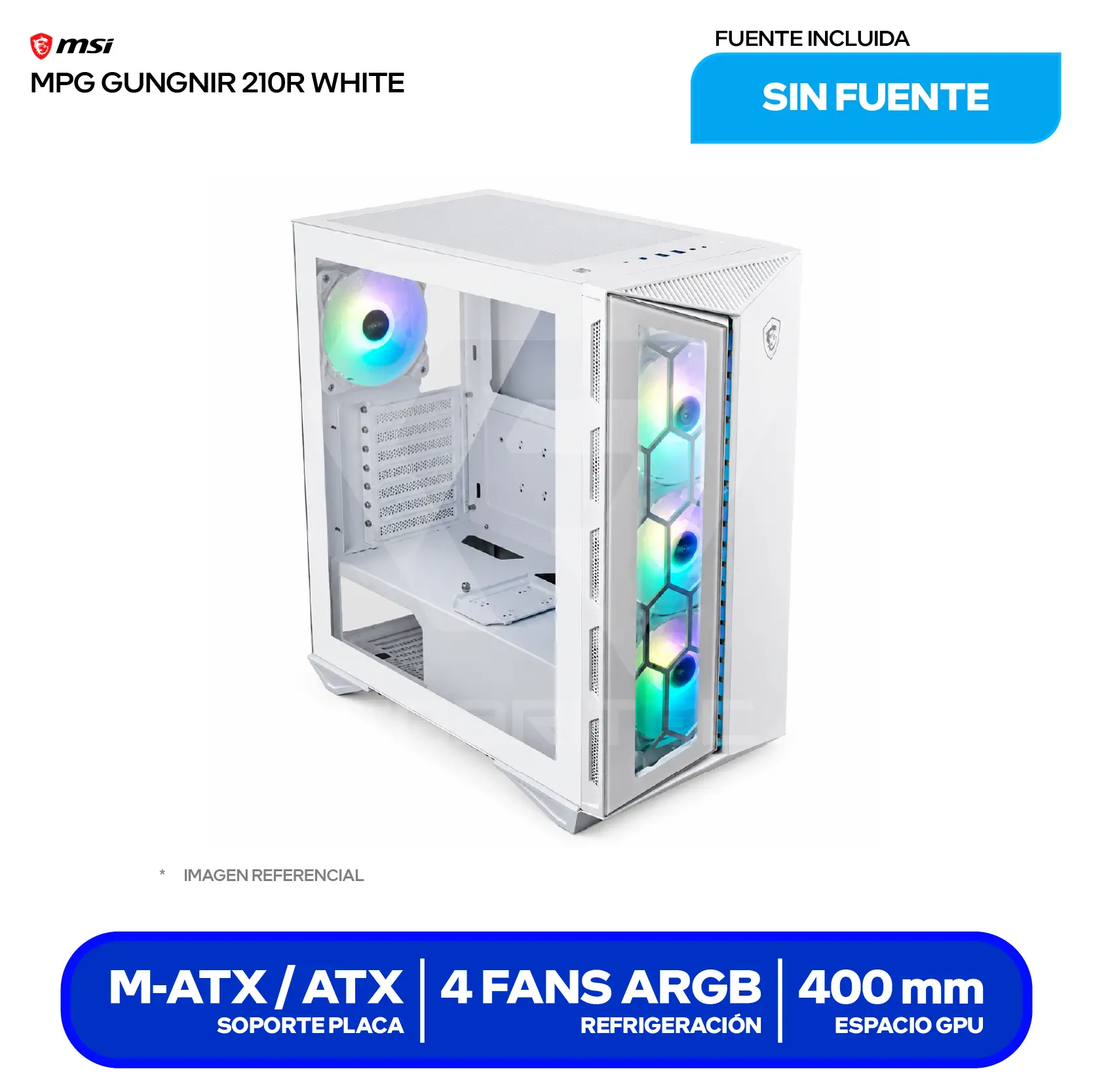 Case MSI MPG Gungnir 210R White (GUNGNIR 210R WHITE) Sin fuente, Vidrio templado, 4 fans ARGB