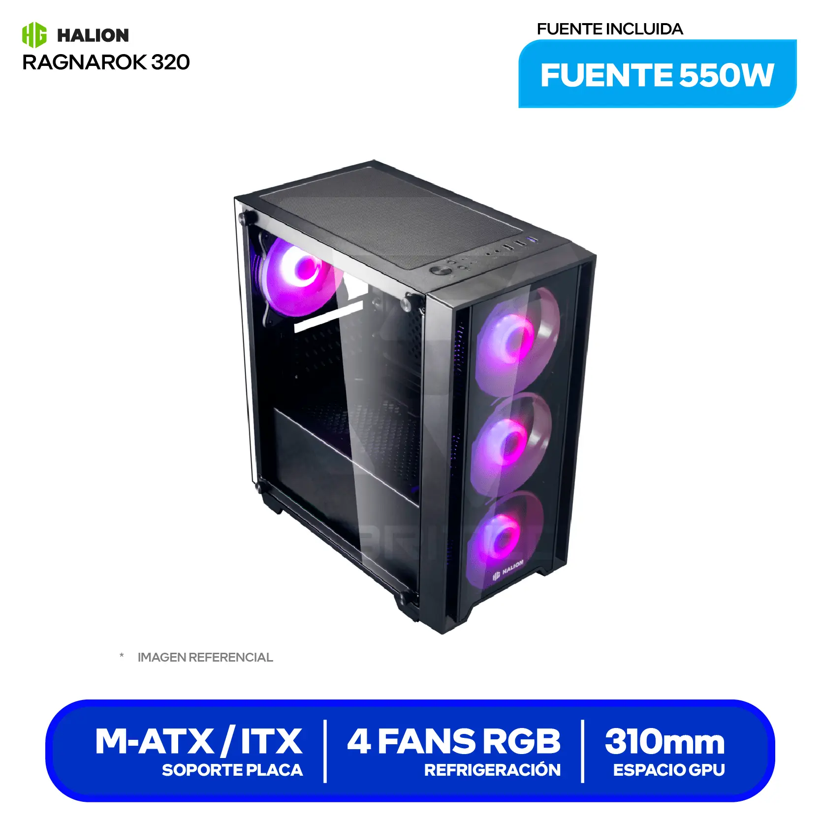 Case Halion Ragnarok 320 (Ragnarok 320) Con fuente de 550W, Vidrio templado, 4 fans ARGB