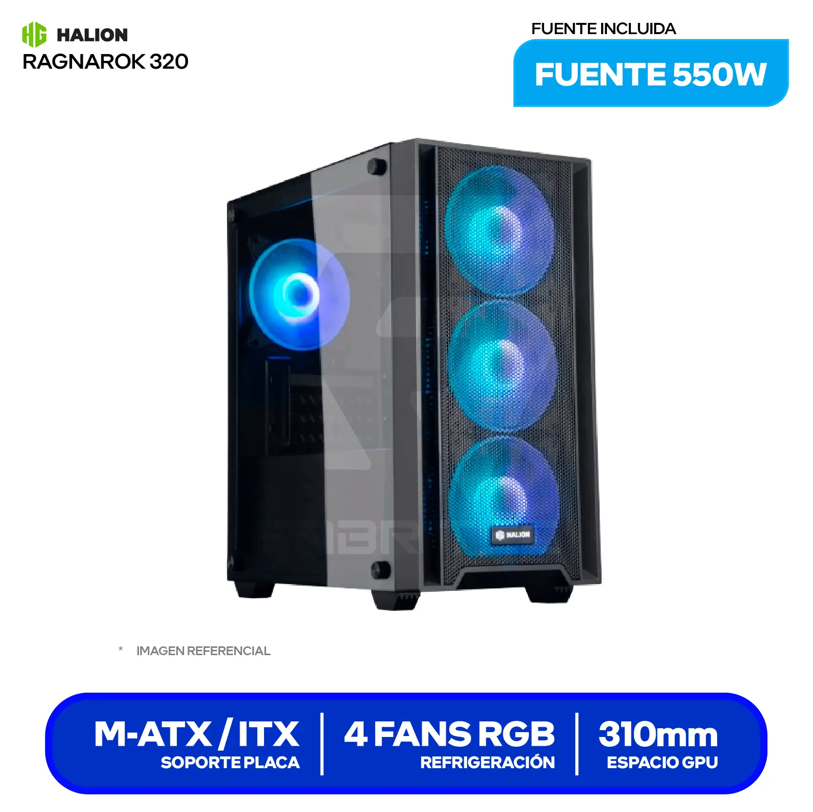 Case Halion Ragnarok 320 (Ragnarok 320) Con fuente de 550W, Vidrio templado, 4 fans ARGB