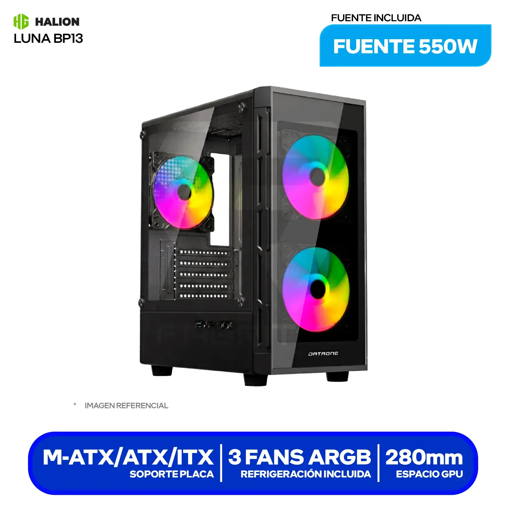 Case Dataone Luna BP13 (Luna BP13) Con fuente de 550W, Vidrio templado, 3 fans ARGB