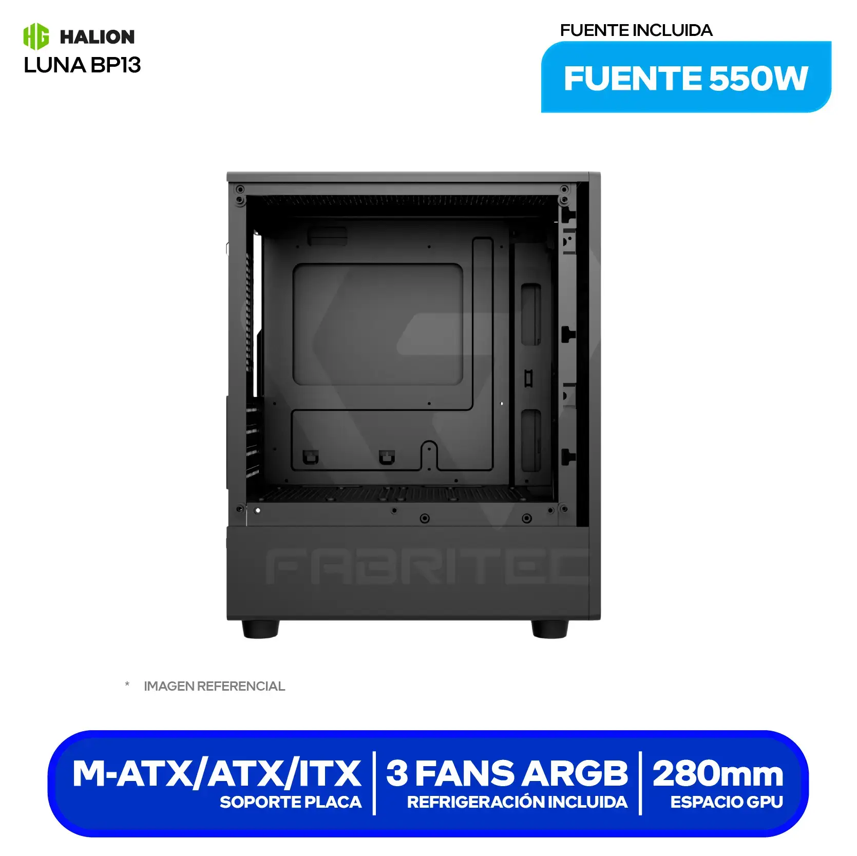 Case Dataone Luna BP13 (Luna BP13) Con fuente de 550W, Vidrio templado, 3 fans ARGB
