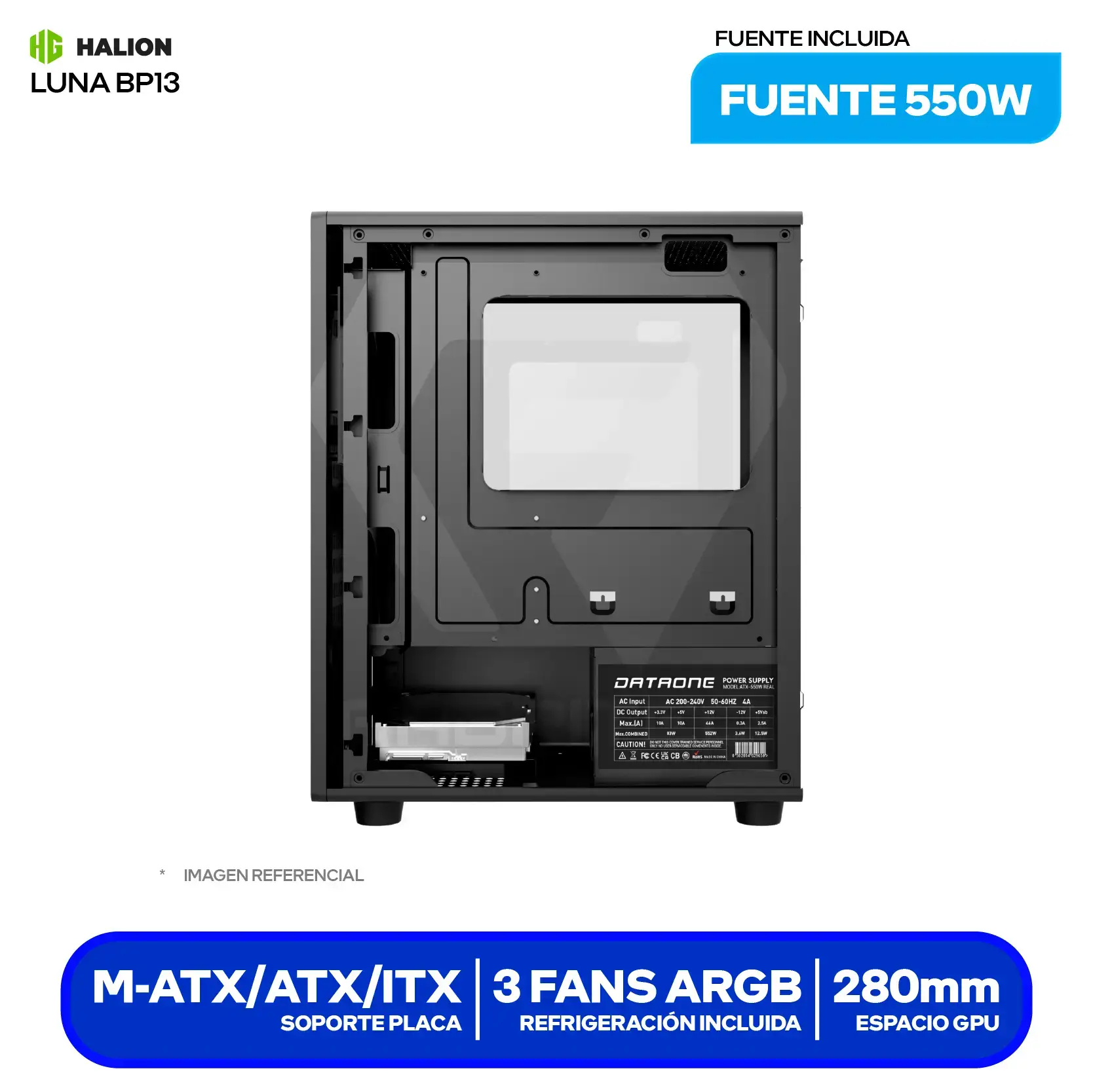 Case Dataone Luna BP13 (Luna BP13) Con fuente de 550W, Vidrio templado, 3 fans ARGB