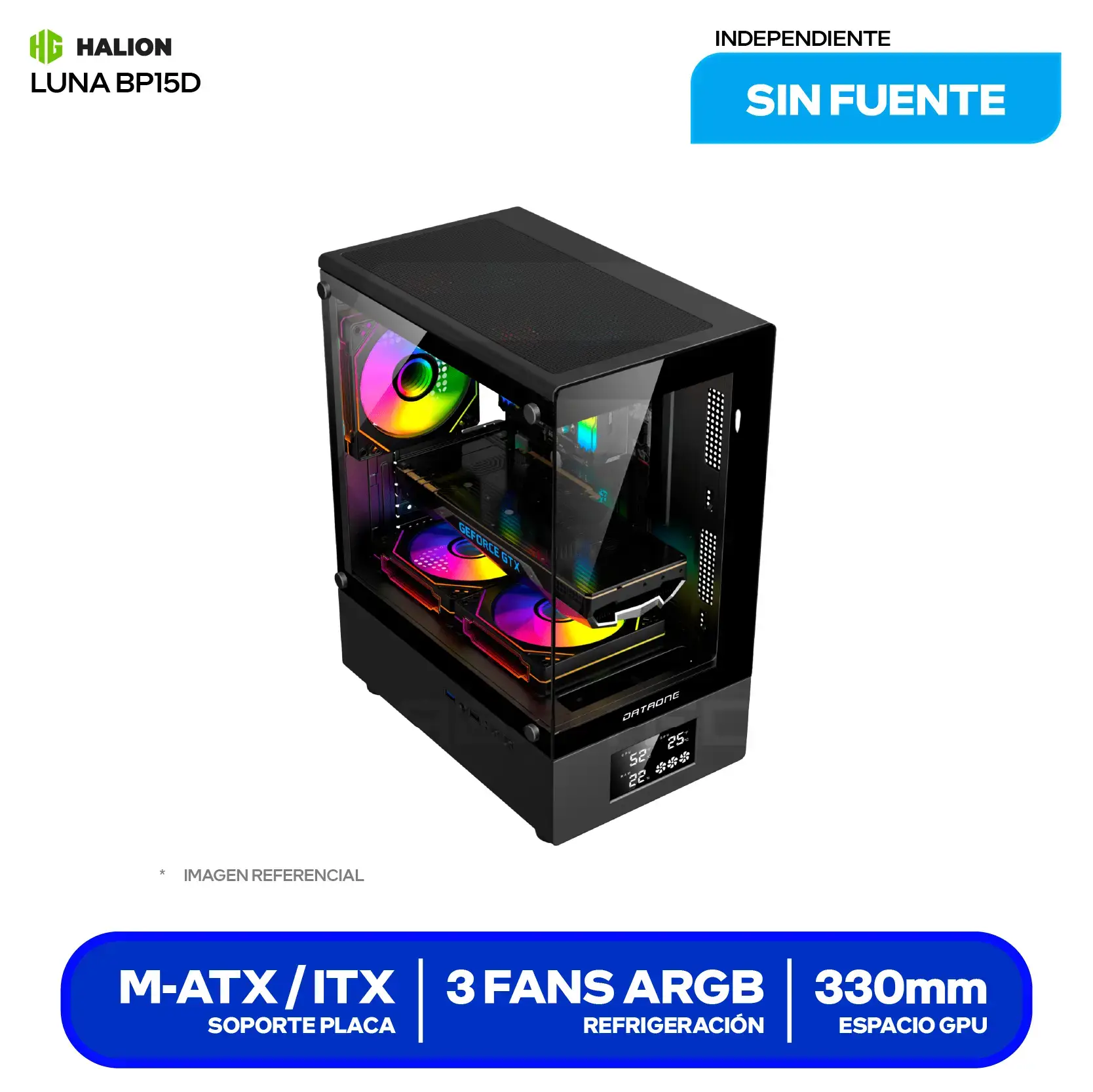 Case Dataone Luna BP15D (Luna BP15D) Sin fuente, Vidrio templado, 3 fans ARGB