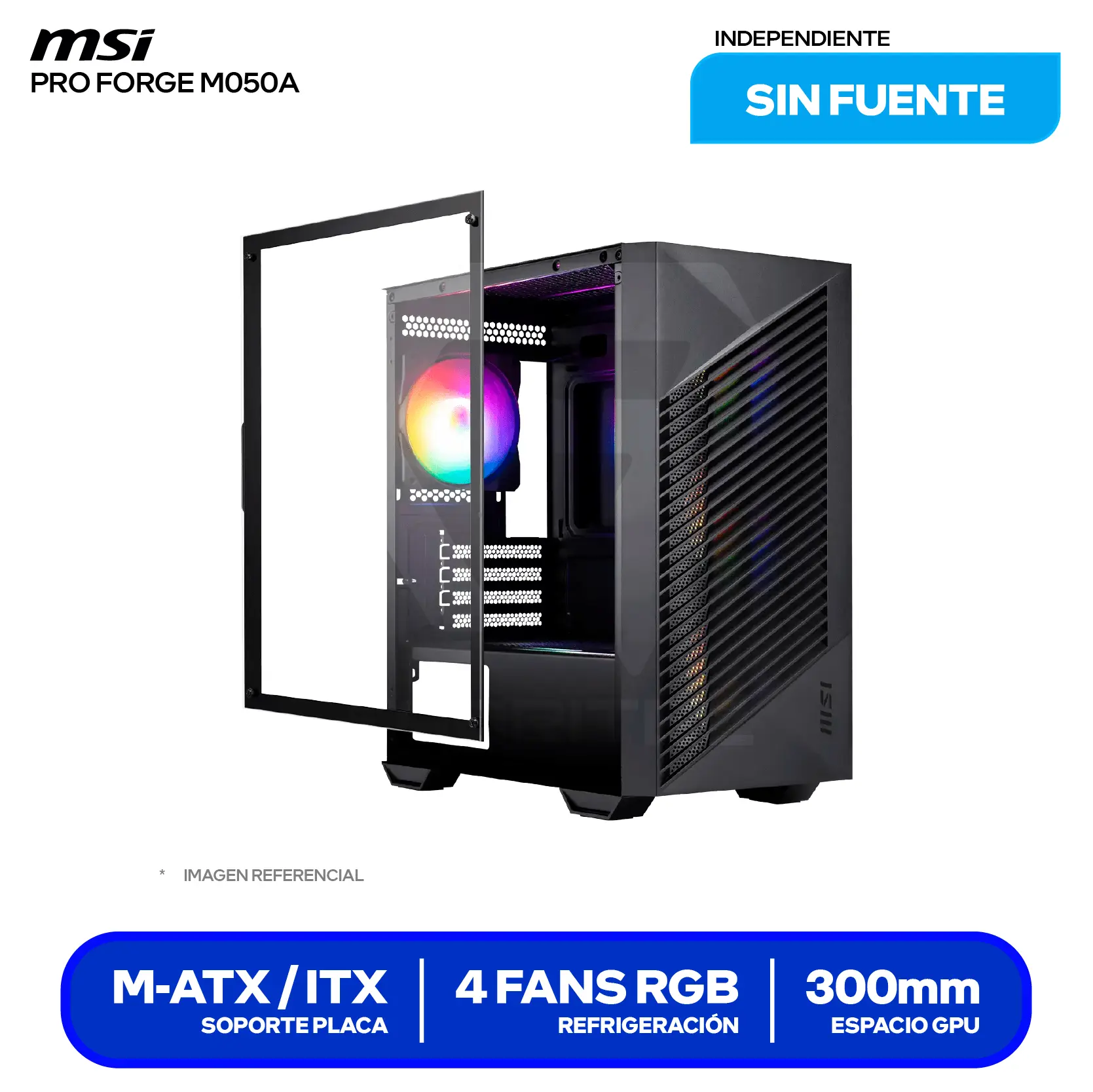 Case MSI Pro Forge M050A (PRO FORGE M050A) Sin fuente, Vidrio templado, 4 fans Auto-RGB