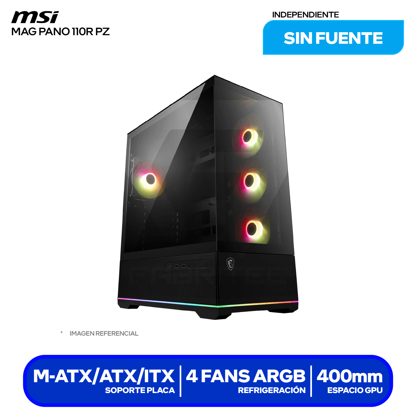 Case MSI MAG Pano 110R PZ Negro (MAG PANO 110R PZ NEGRO) Sin fuente, Vidrio templado panorámico 270°, 4 fans ARGB