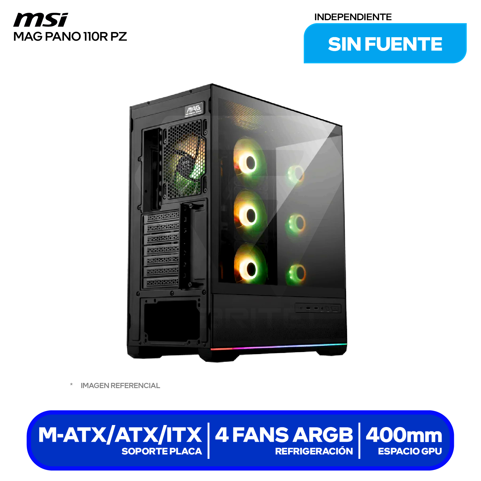 Case MSI MAG Pano 110R PZ Negro (MAG PANO 110R PZ NEGRO) Sin fuente, Vidrio templado panorámico 270°, 4 fans ARGB