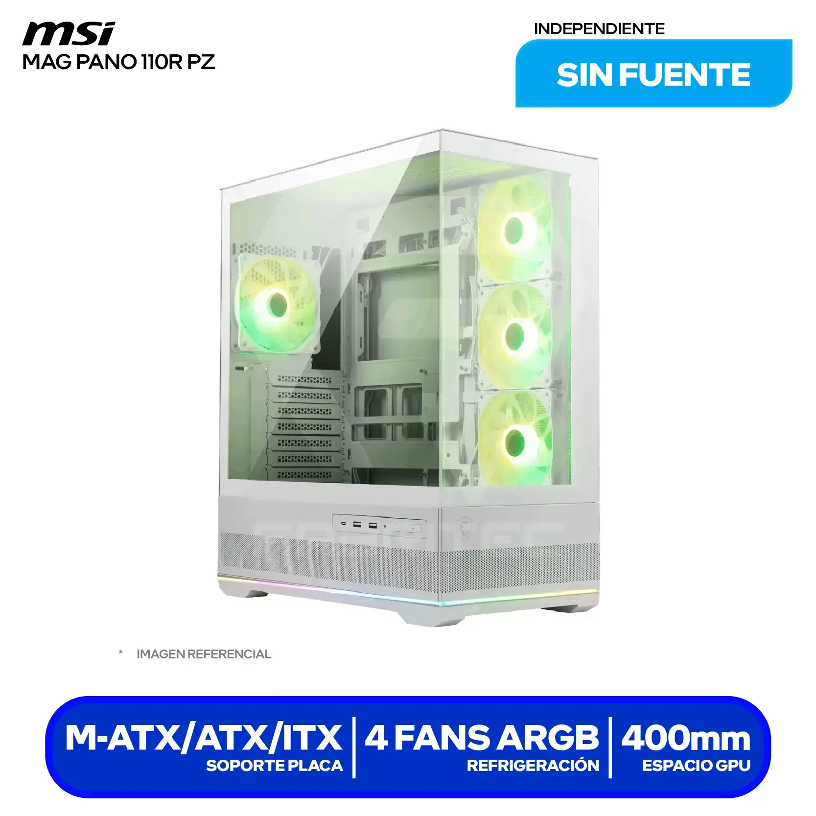 Case MSI MAG Pano 110R PZ White (MAG PANO 110R PZ WHITE) Sin fuente, Vidrio templado panorámico, 4 fans ARGB