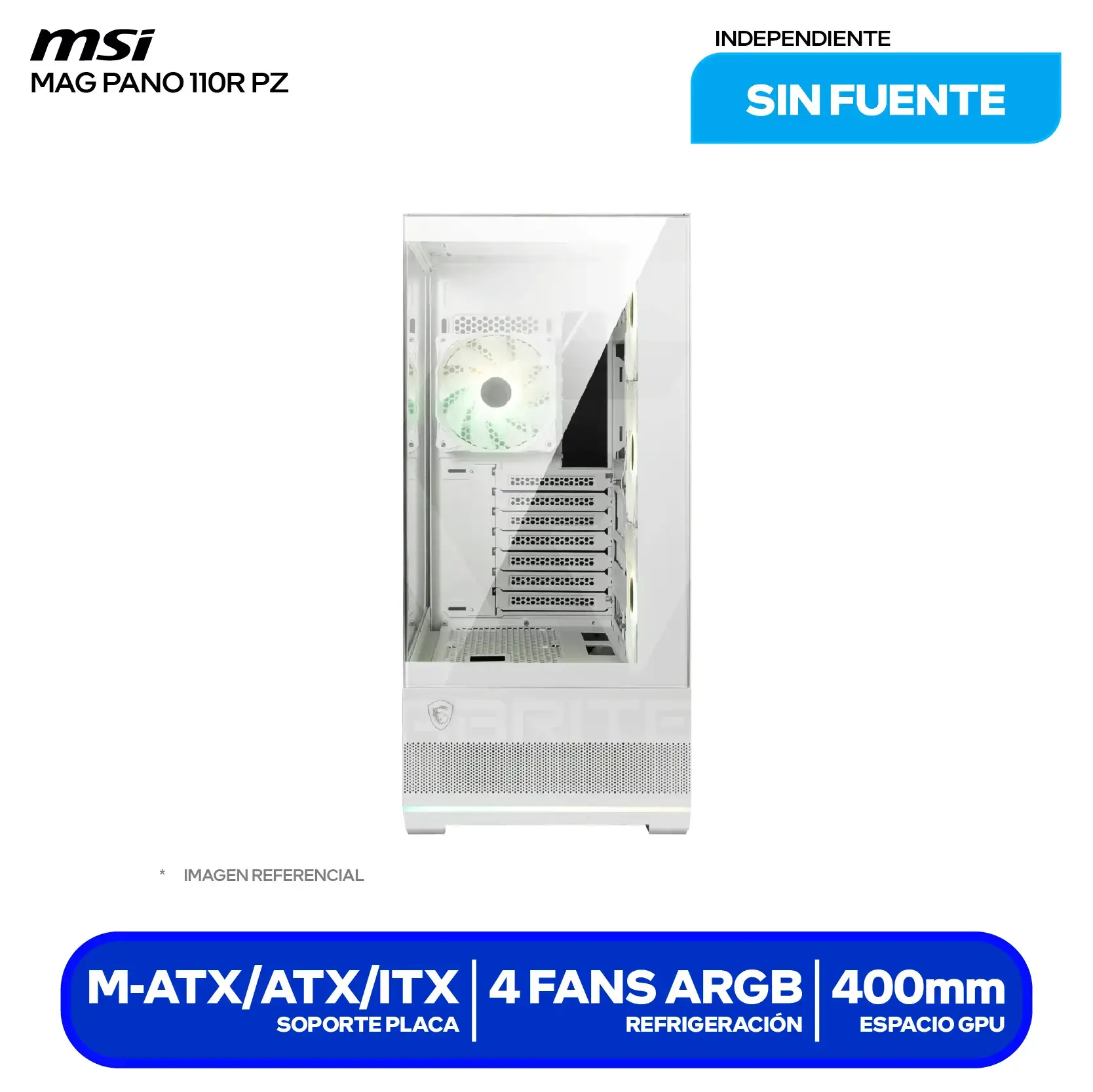 Case MSI MAG Pano 110R PZ White (MAG PANO 110R PZ WHITE) Sin fuente, Vidrio templado panorámico, 4 fans ARGB