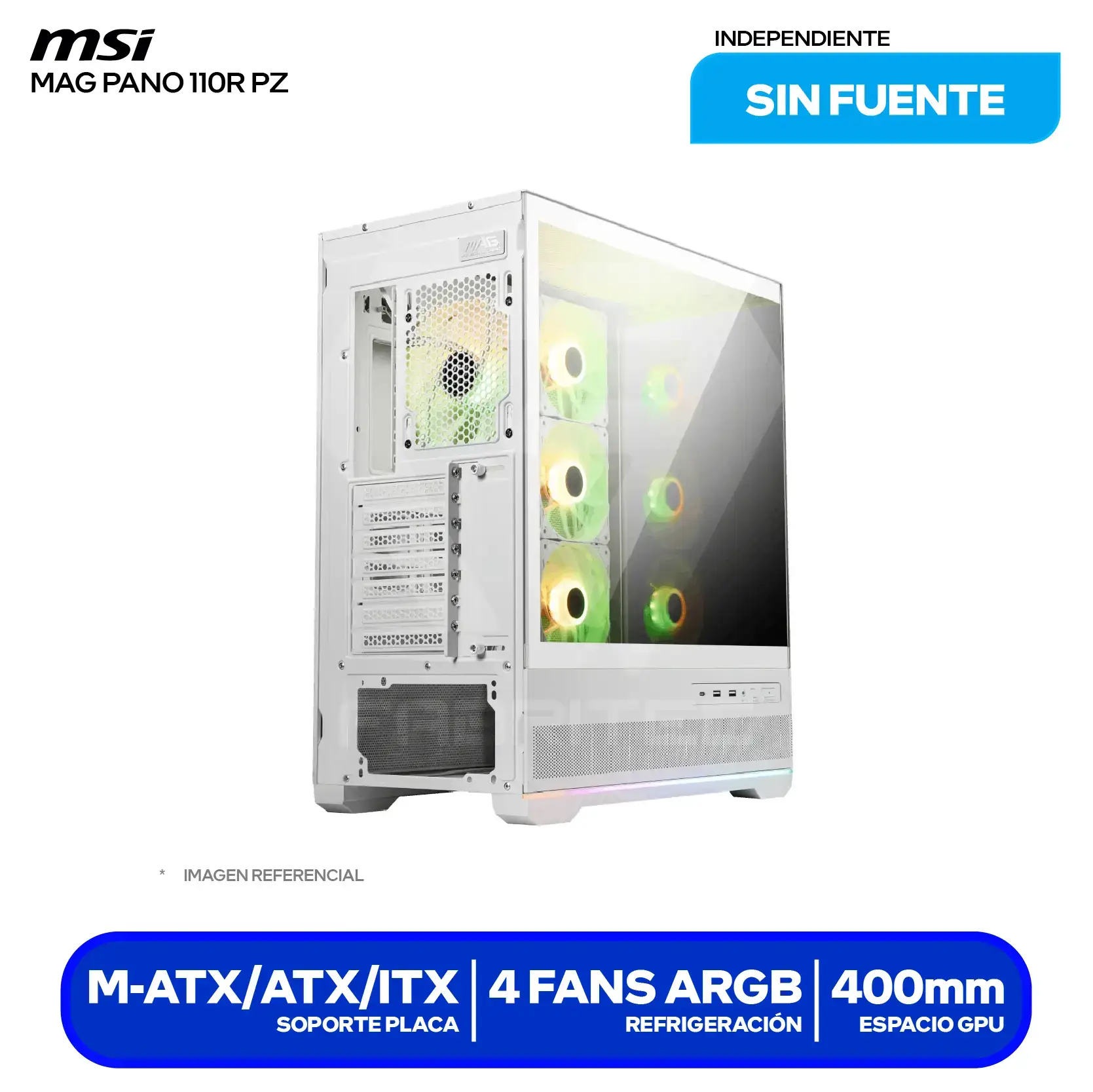 Case MSI MAG Pano 110R PZ White (MAG PANO 110R PZ WHITE) Sin fuente, Vidrio templado panorámico, 4 fans ARGB