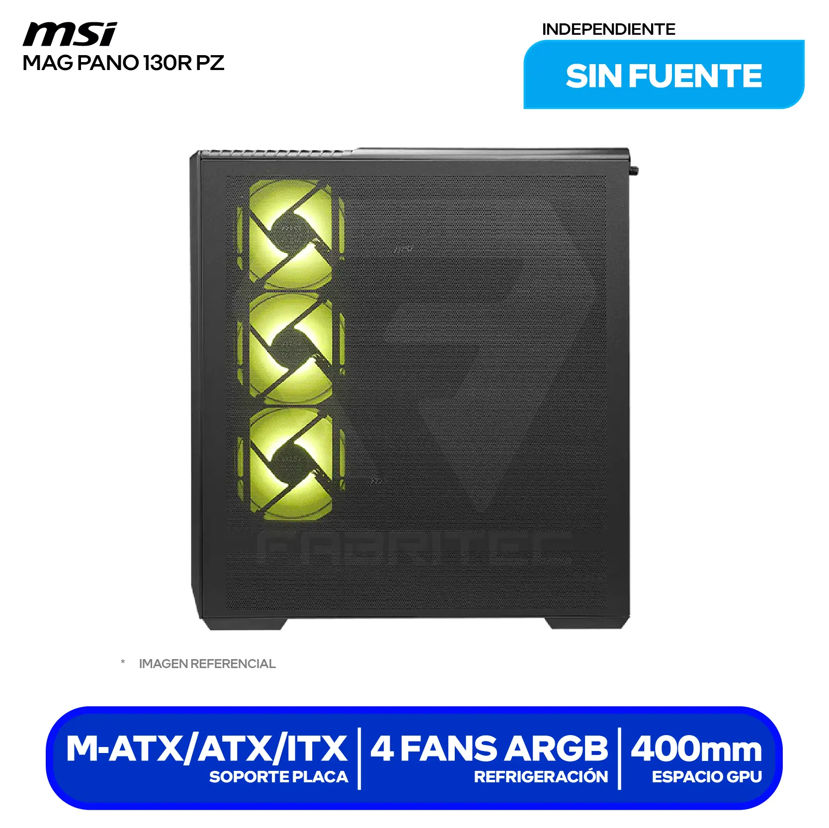 Case MSI MAG Pano 130R PZ Negro (MAG PANO 130R PZ NEGRO) Sin fuente, Vidrio templado panorámico, 4 fans ARGB (